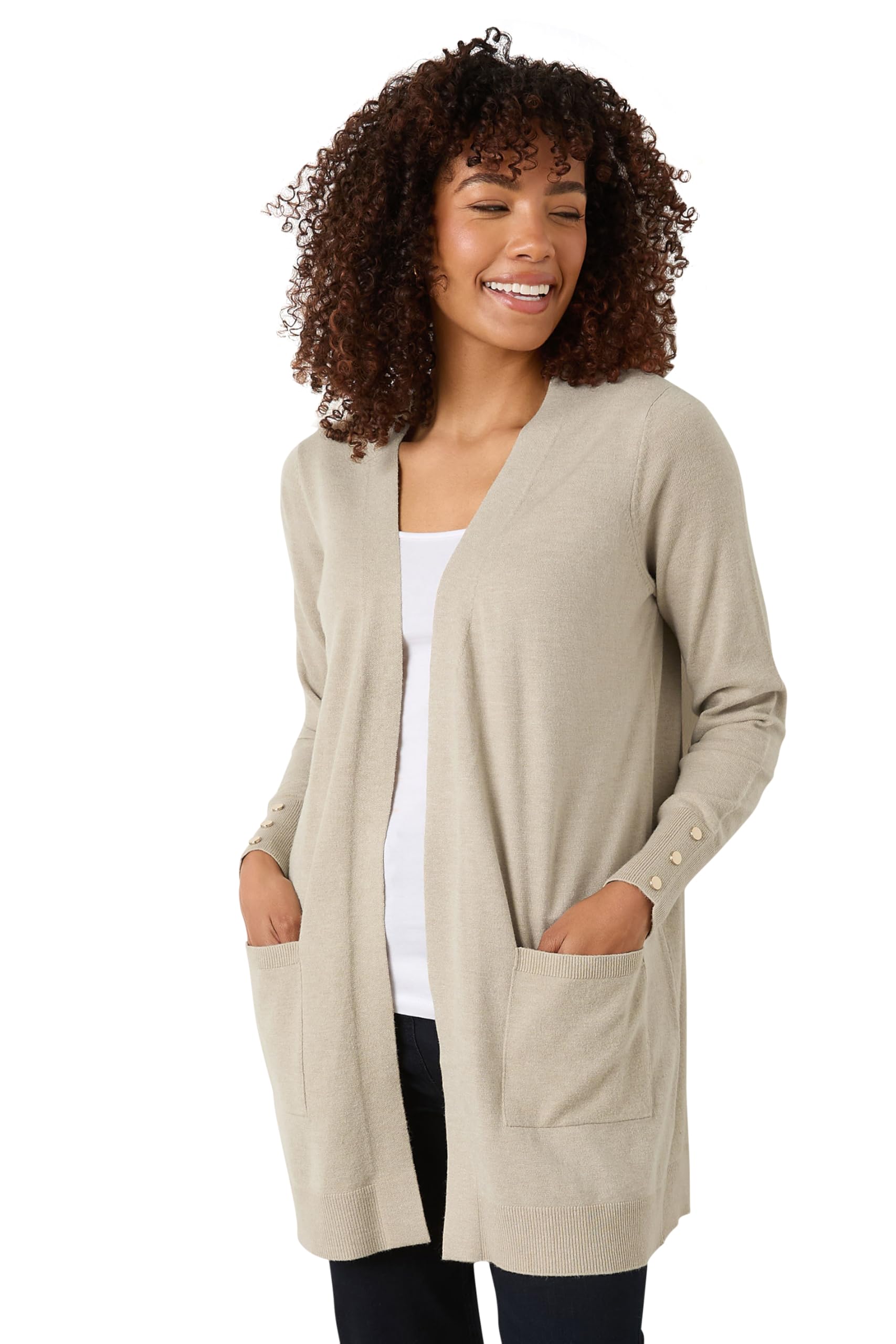 M&Co Women's Camel Brown Button Detail Midi Cardigan
