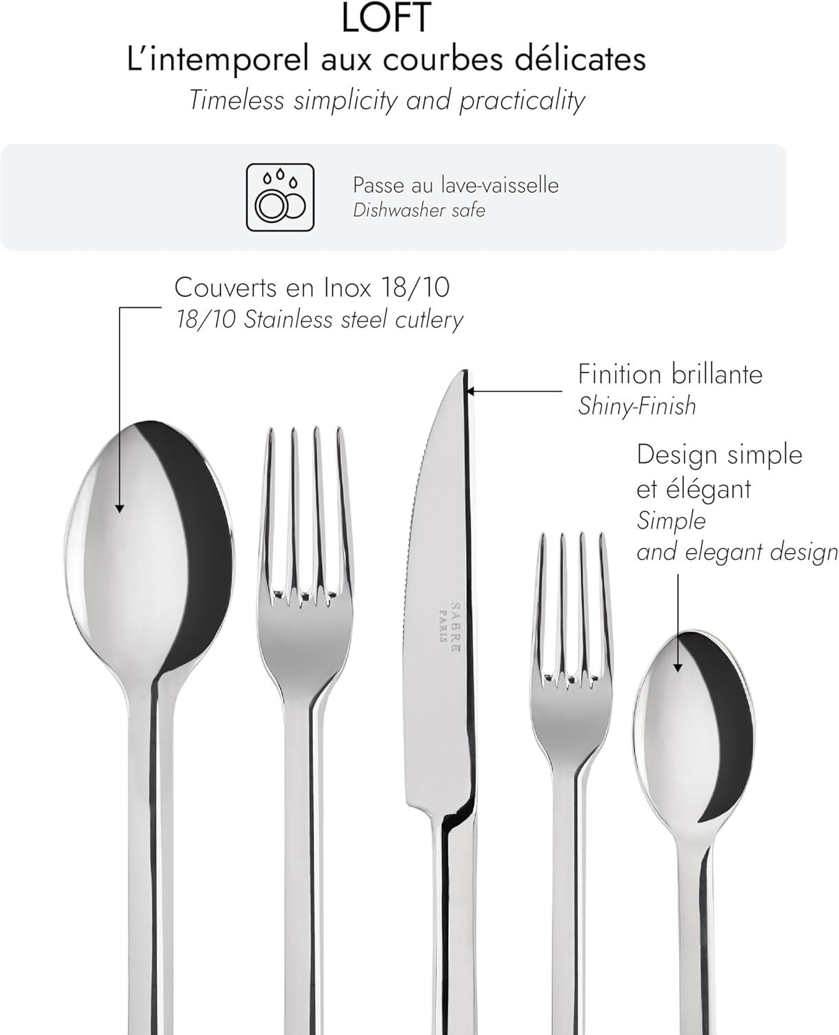 SABRE PARIS - 5-Piece Flatware Set - Loft Collection - Knife, Fork, Soup Spoon, Teaspoon & Dessert Fork - Stainless Steel - Dishwasher Safe - Brilliant Finish