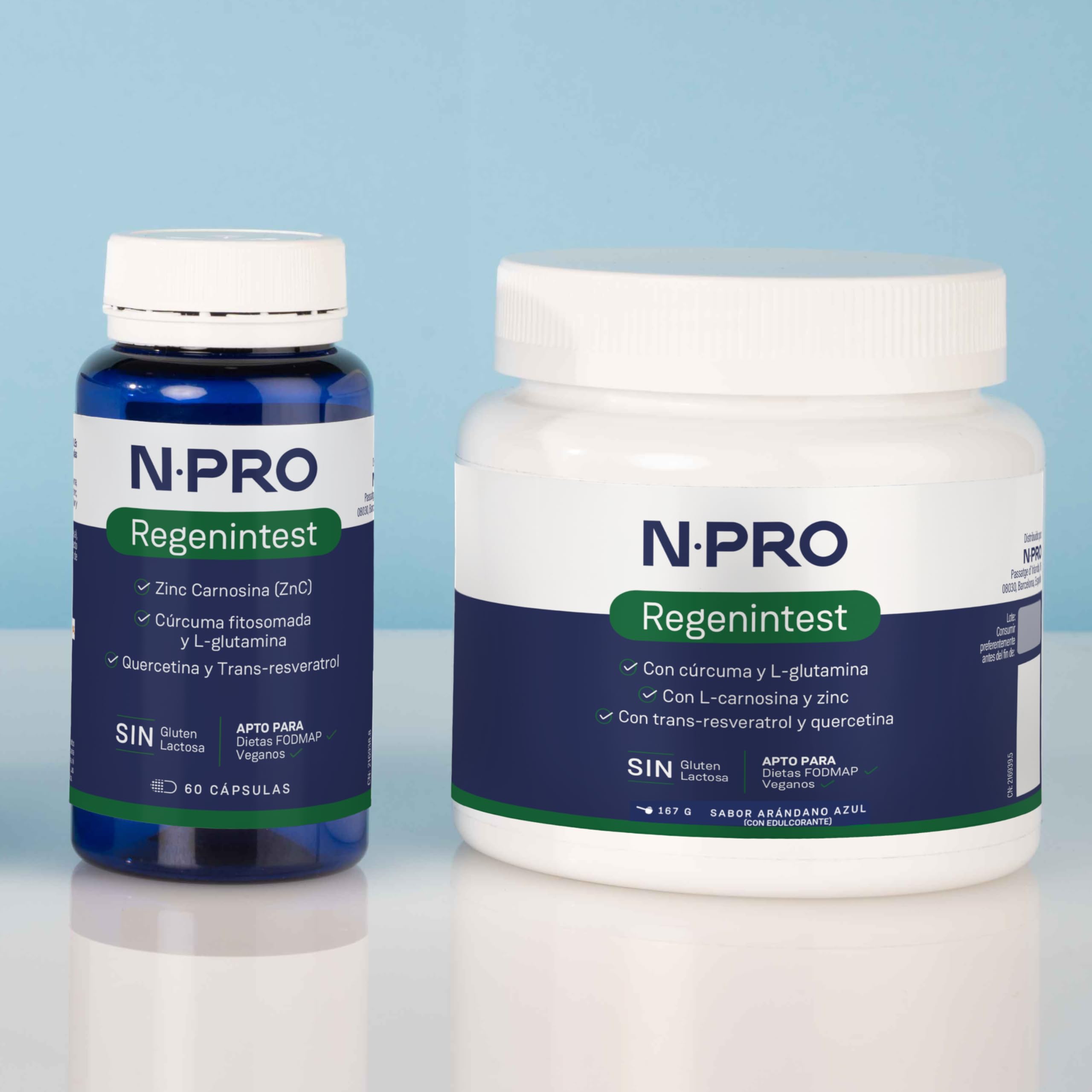 NPro SALUD INTESTINAL Regenintest 167g Polvo Sabor Arándano Azul – Suplemento con L-Glutamina Kyowa®, Carnosina, Cúrcuma, Trans-Resveratrol y Zinc – Protege y Regenera Mucosa Intestinal