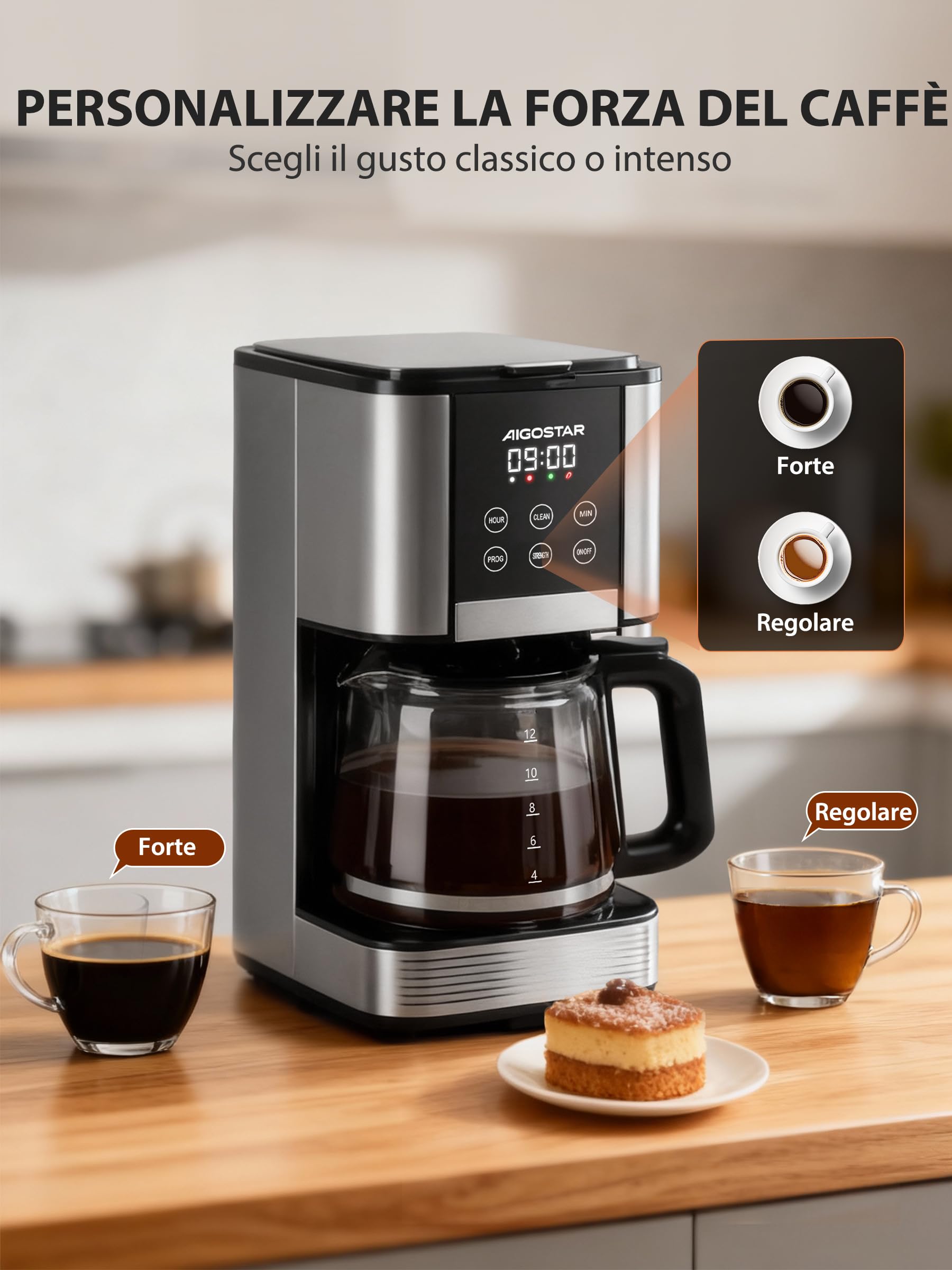 Aigostar - Macchina Caffè Americano, 1000W, Programmabile 24h con Display LCD, Autopulizia, 1.5L (12 Tazze), Regolazione Intensità, Filtro Riutilizzabile, Antigoccia, Piastra Riscaldante, BPA FREE