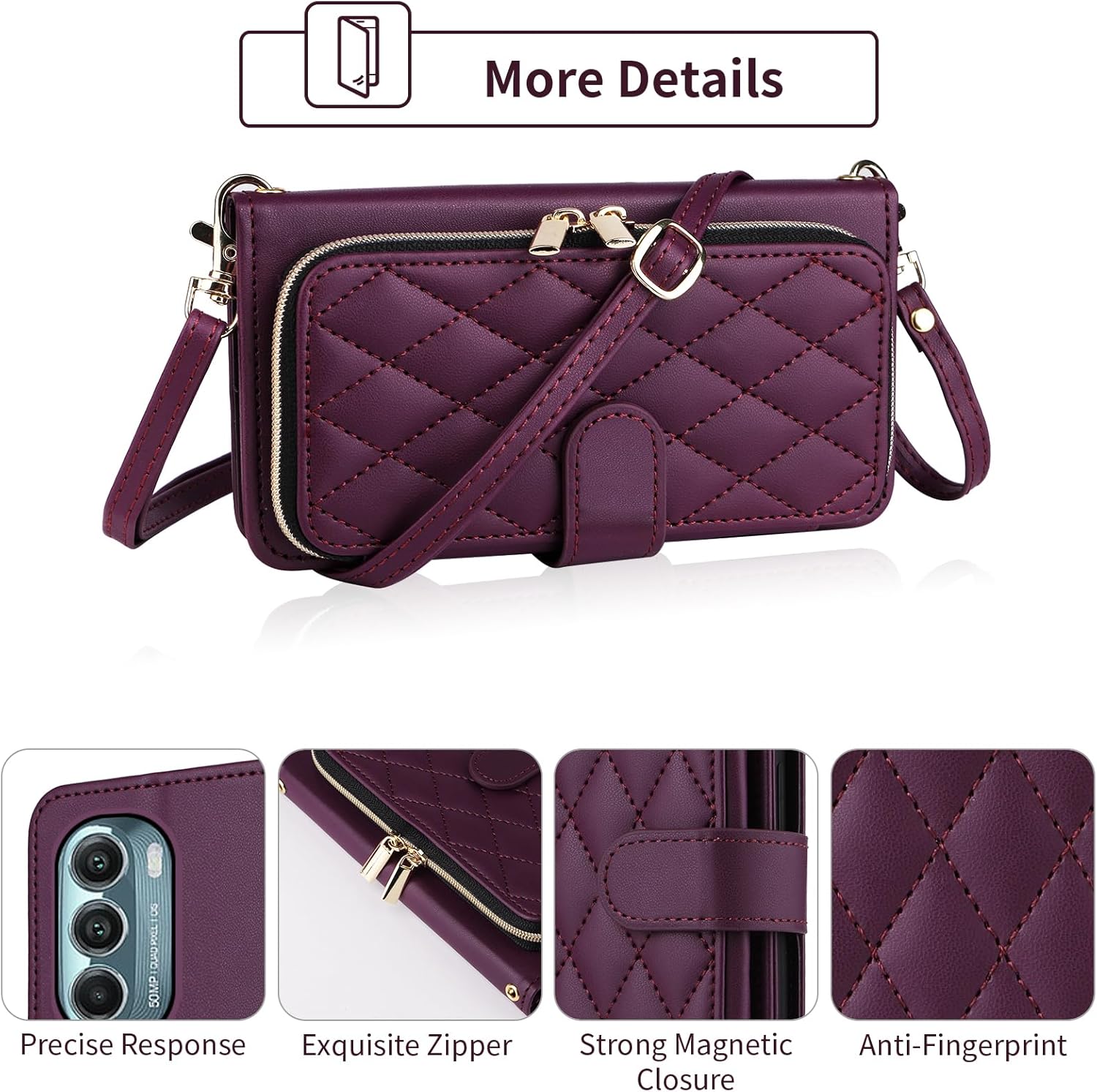 Argyle Wallet Case for Motorola Moto G Stylus 5G 2022 with Wrist Strap Shoulder Strap, 9+ Card Slots Zipper Purse, Luxury PU Leather Stand Phone Cover for XT2215-1 XT2215-4 XT2215DL Deep Purple