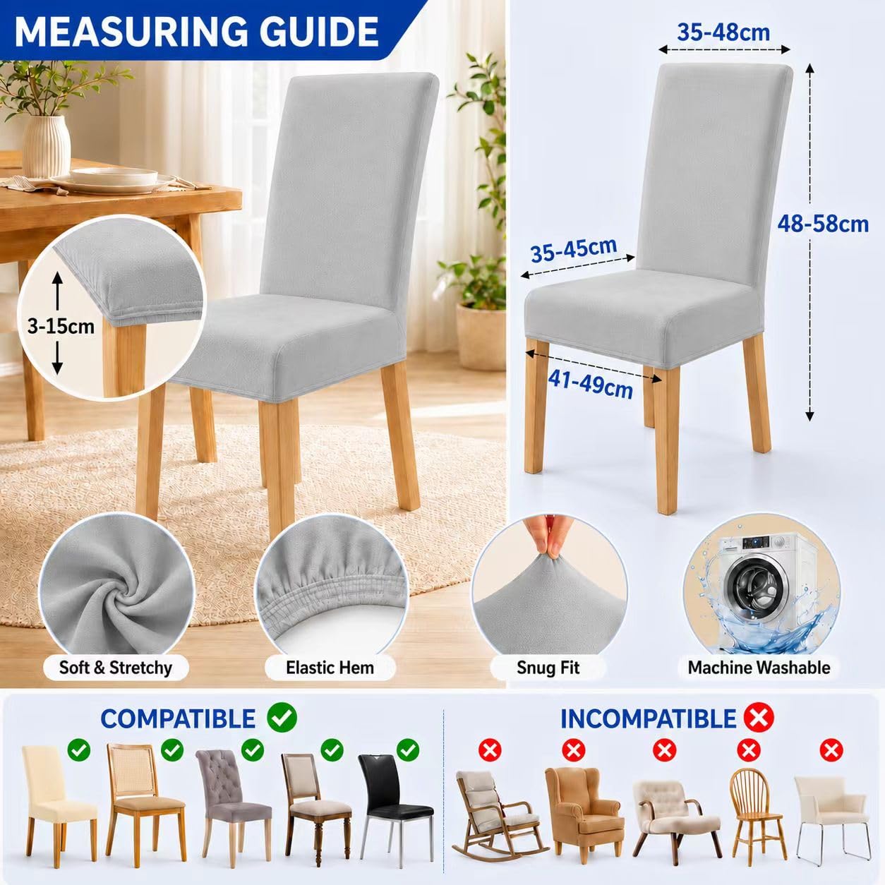 4pcs Housses de Chaise en Velours Doux Extensibles Chaise de Salle à Manger Housses de siège élastiques lavables - pour Restaurant, Salon, décoration de Mariage (6, Gris Clair)