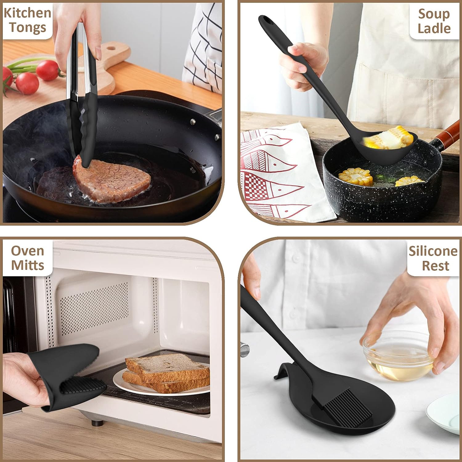 Silicone Cooking Utensils Set, 28Pcs Non-Stick Heat Resistant Kitchen Utensils Spatula Set for Baking, Cooking, and Mixing, Best Kitchen Gadgets Tools, One Piece Design (Black)