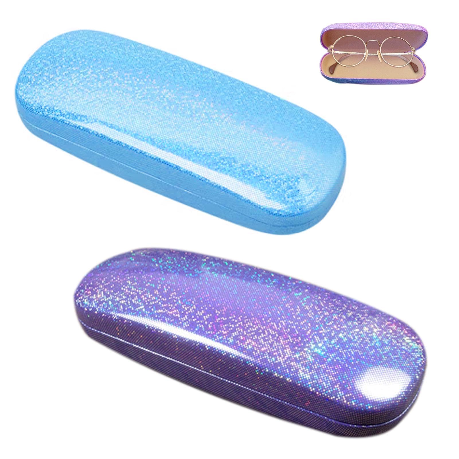MVPACKEEYMVPACKEEY 2pcs Metal Velvet Lining Hard Shell Eyeglasses Case  Bling Glitter Sequin Glasses Case Protective Glasses Stand Waterproof fits  Most
