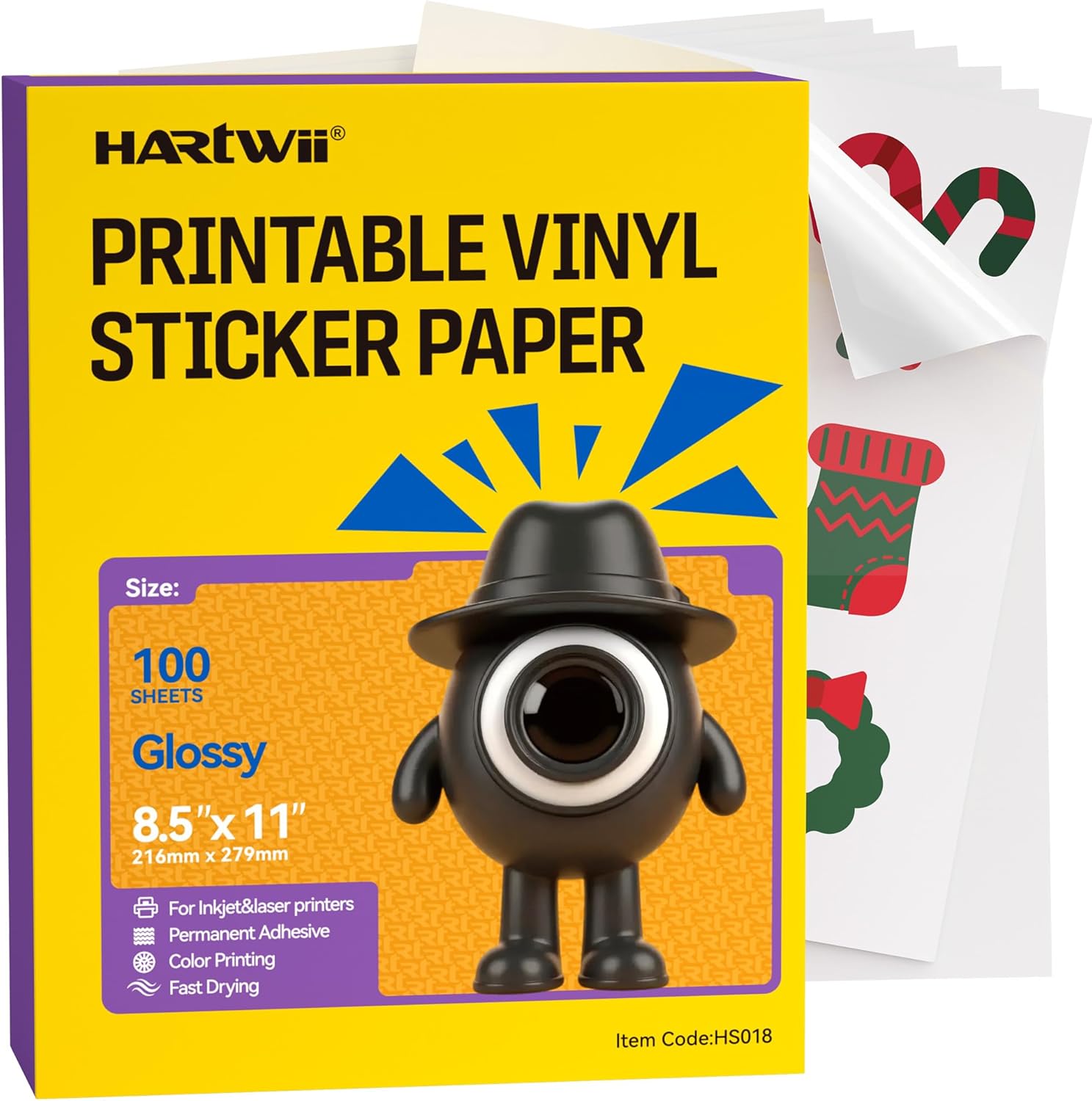 Printable Vinyl Sticker Paper-100 Sheets Glossy White Self-Adhesive Sticker Paper 8.5x11"Waterproof Labels, Quick-Drying Vivid Colors & Tear-Resistant Removable, for Inkjet & Laser Printers