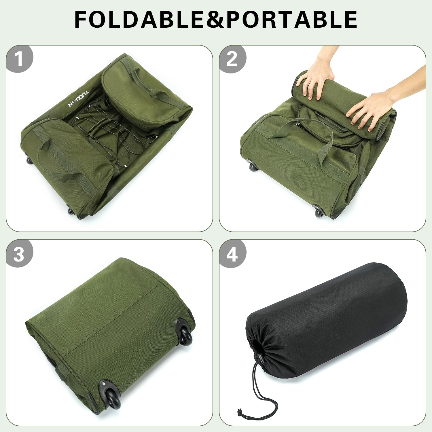 TUGUAN Borsone con Ruote da Viaggio 110 Litri Valigia Morbida Borsa da Viaggio Pieghevole con Ruote 71 cm per Sport Campeggio Bagaglio a Mano Duffel Bag, Verde