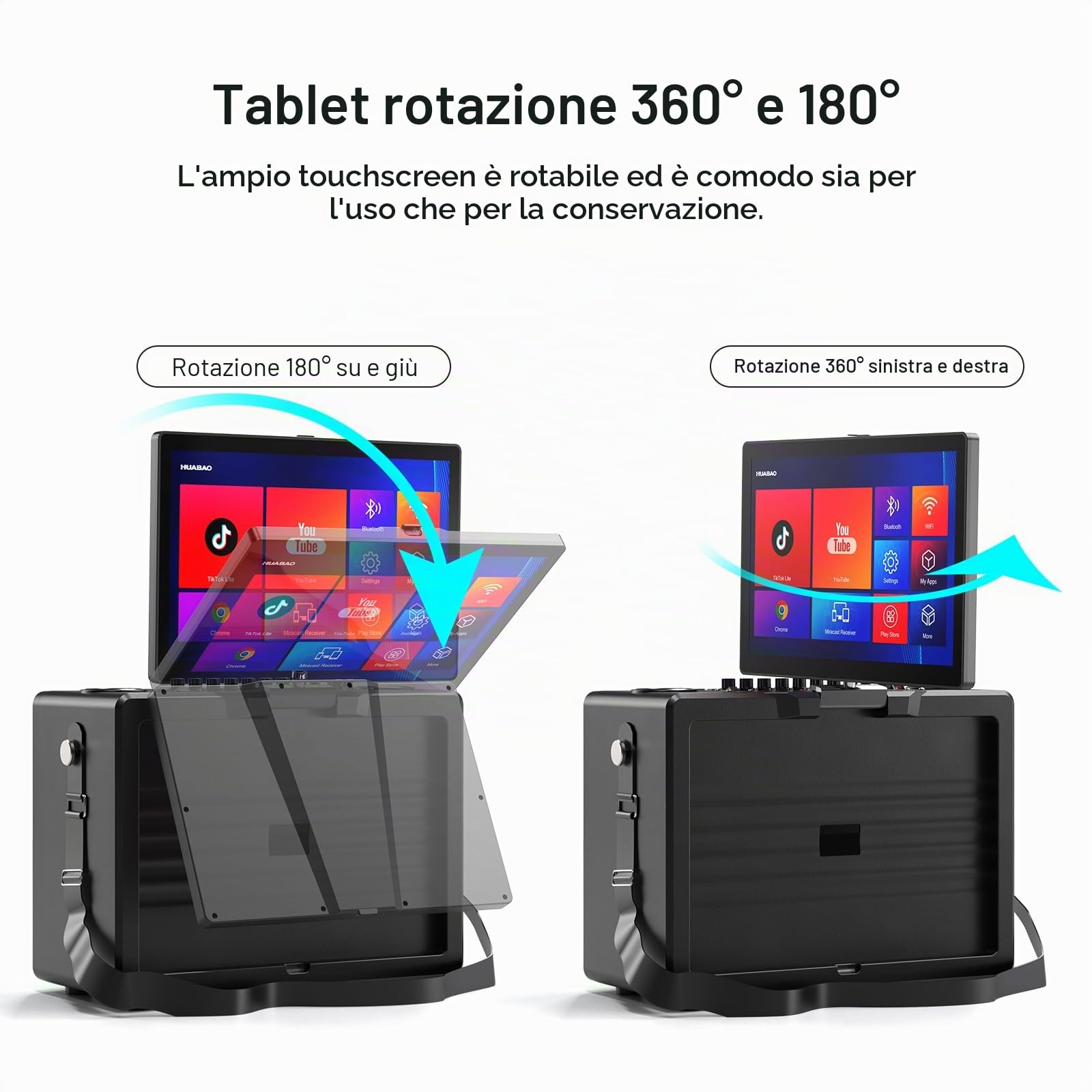 Macchina per karaoke intelligente con tablet da 14 pollici, schermo e display per i testi, altoparlante professionale per karaoke, 2 microfoni wireless, sistema PA Bluetooth, WiFi/HDMI/luci LED