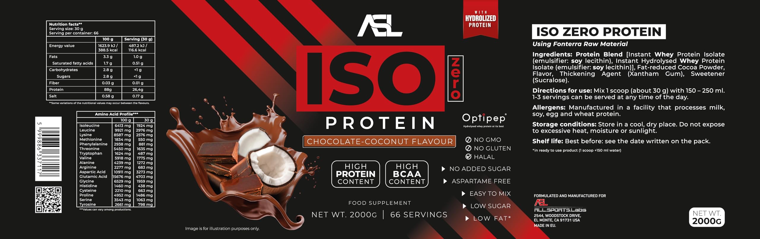 Iso Zero Protein, 2000 g, gusto chocolate-coconut
