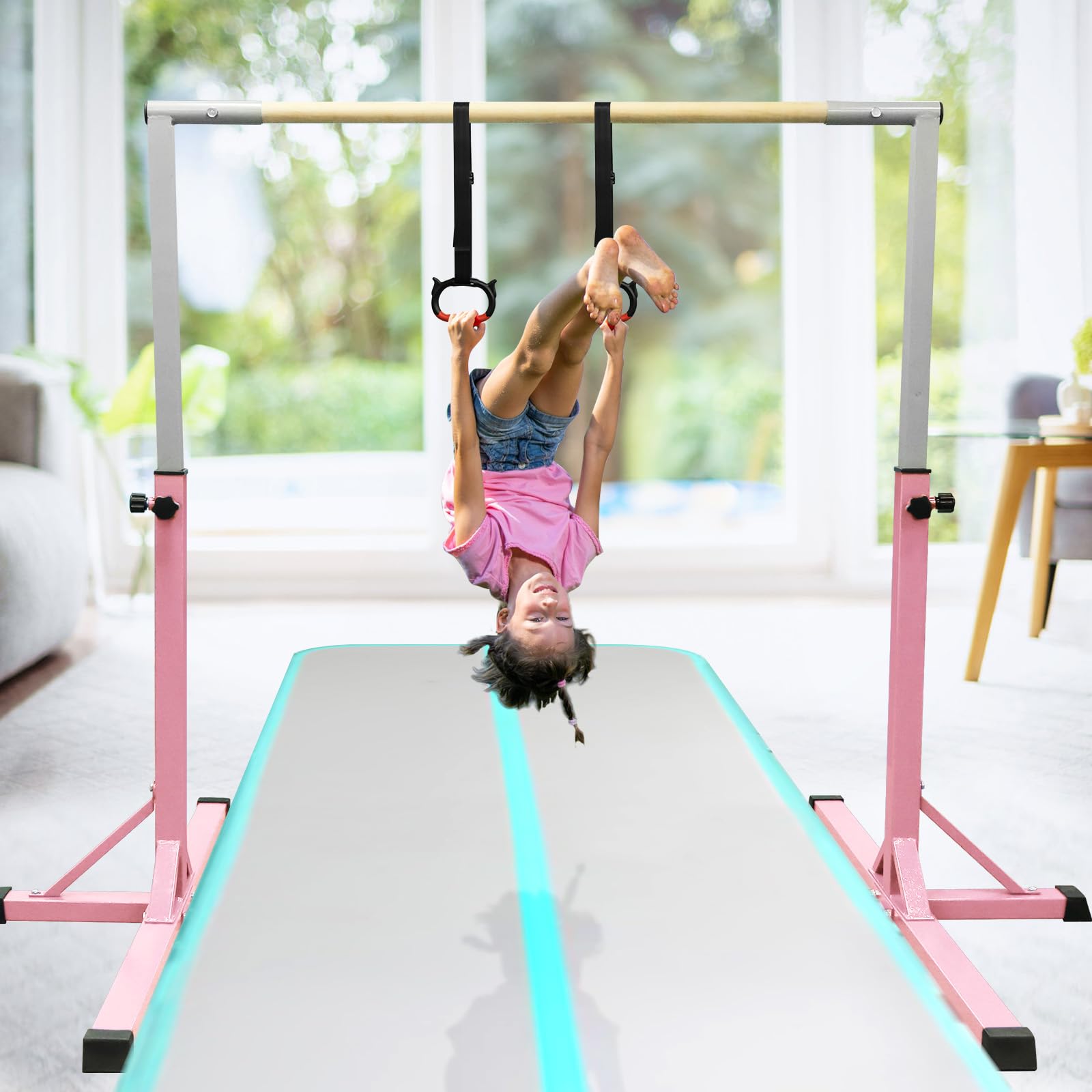 FBSPORT Barra de Gimnasia para Niños Barra Horizontal de Gimnasia con 13 Altura Ajustable de Barra de Entrenamiento con Anillos de Gimnasia Barra de Entrenamiento de Gimnasia expandible Junior Rosa