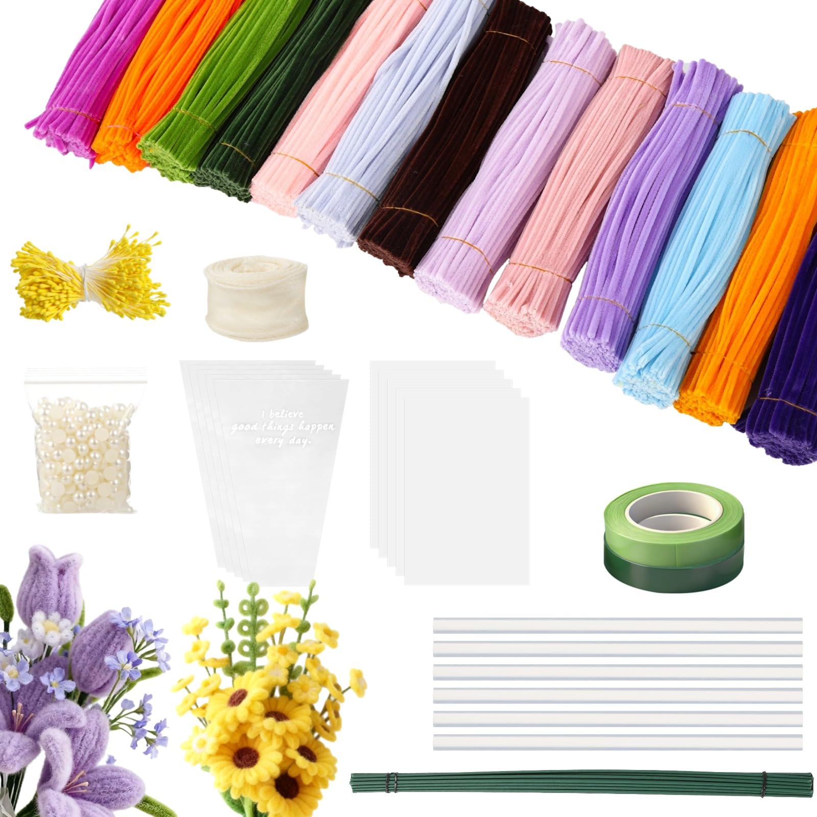 Selvotran Lot de 1300 cure-pipes, tiges chenille en 13 couleurs, 30 tiges florales, 2 rouleaux de ruban floral, autocollants perles et étamines, tiges pliables de 11,8 in pour projets DIY