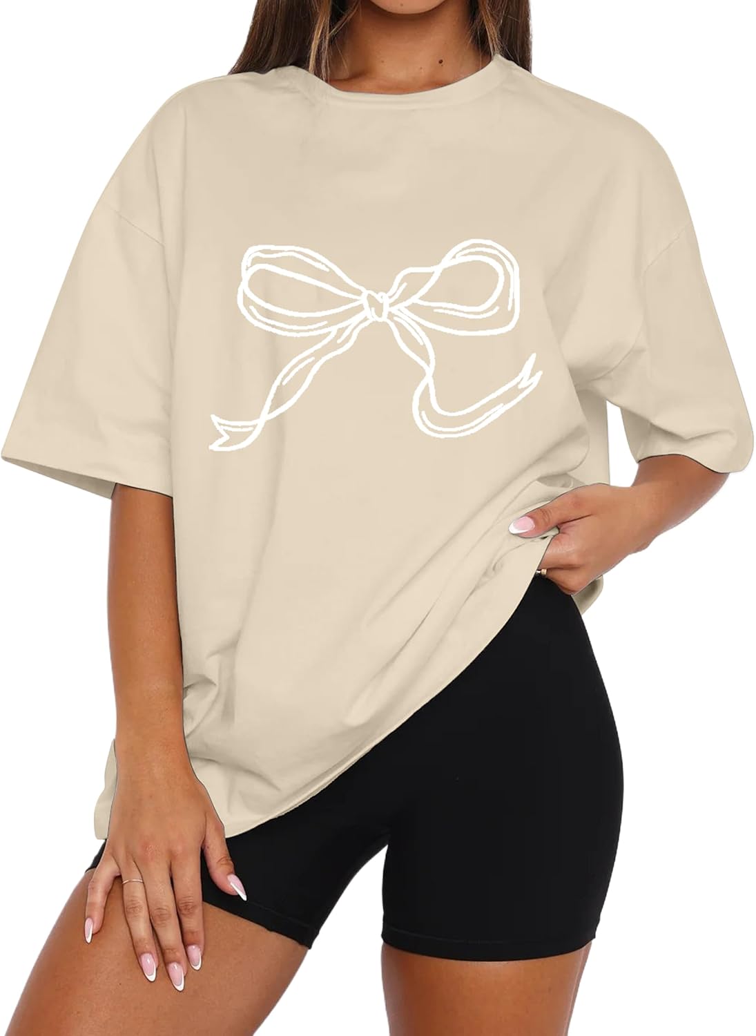 MISSACTIVER Women’s Oversized Bow Graphic T-Shirt Drop Shoulder Short Sleeve Graphics Tee Shirt Casual Outfit Going Out Top