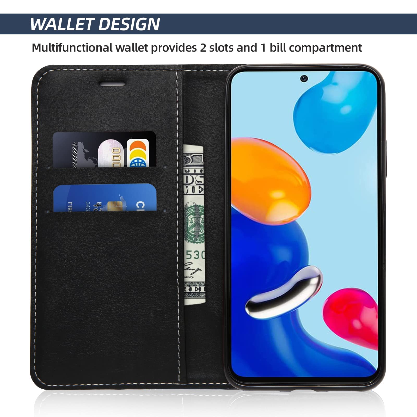 BoxTii Custodia in Pelle PU Portafoglio per Xiaomi Redmi Note 11 4G / Redmi Note 11S 4G, Magnetica Cover a Libro con Slot per Schede, Nero