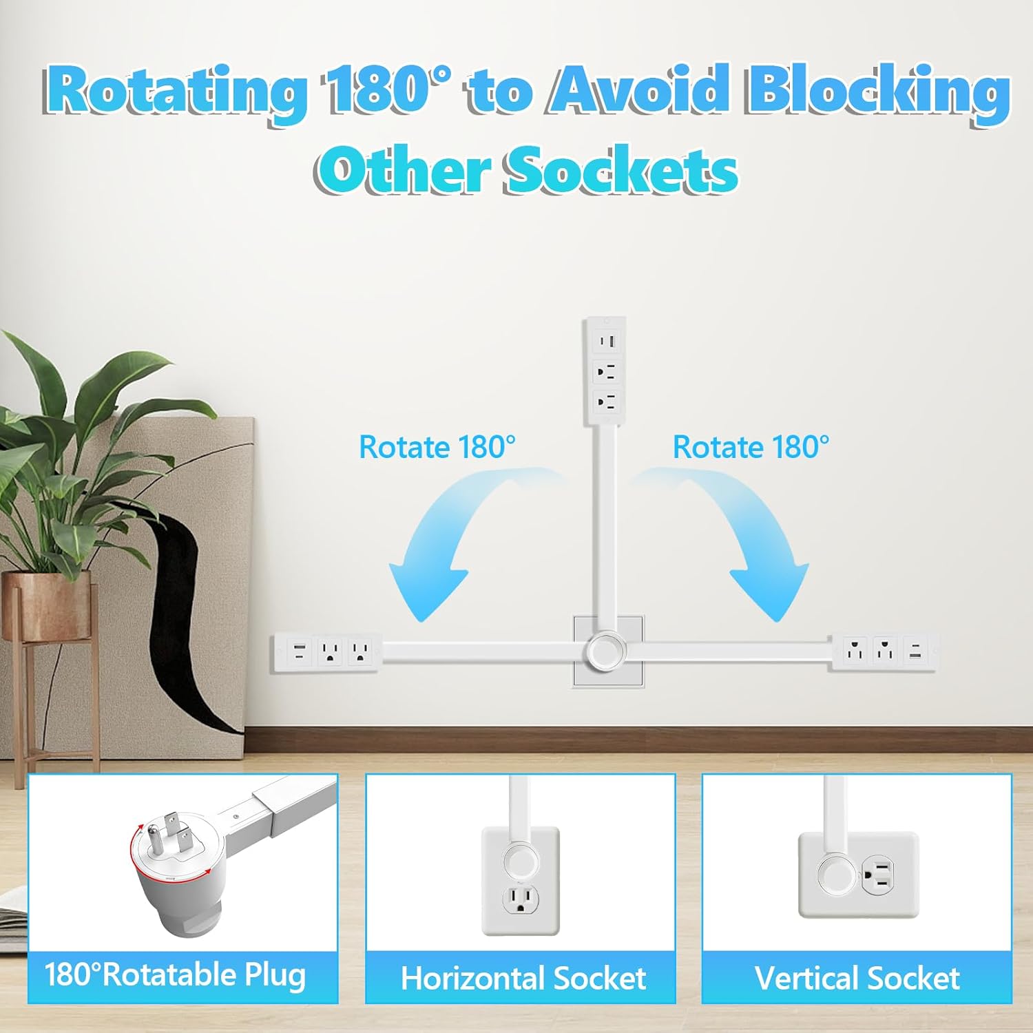 Electrical Outlet Extender - Features USB-A, USB-C and 2 AC Outlets, Free Assembly Extends 18-28, Rotates 180°, Plug Extension Outlet Use Behind Sofas, Nightstands, Desks, Office (White)