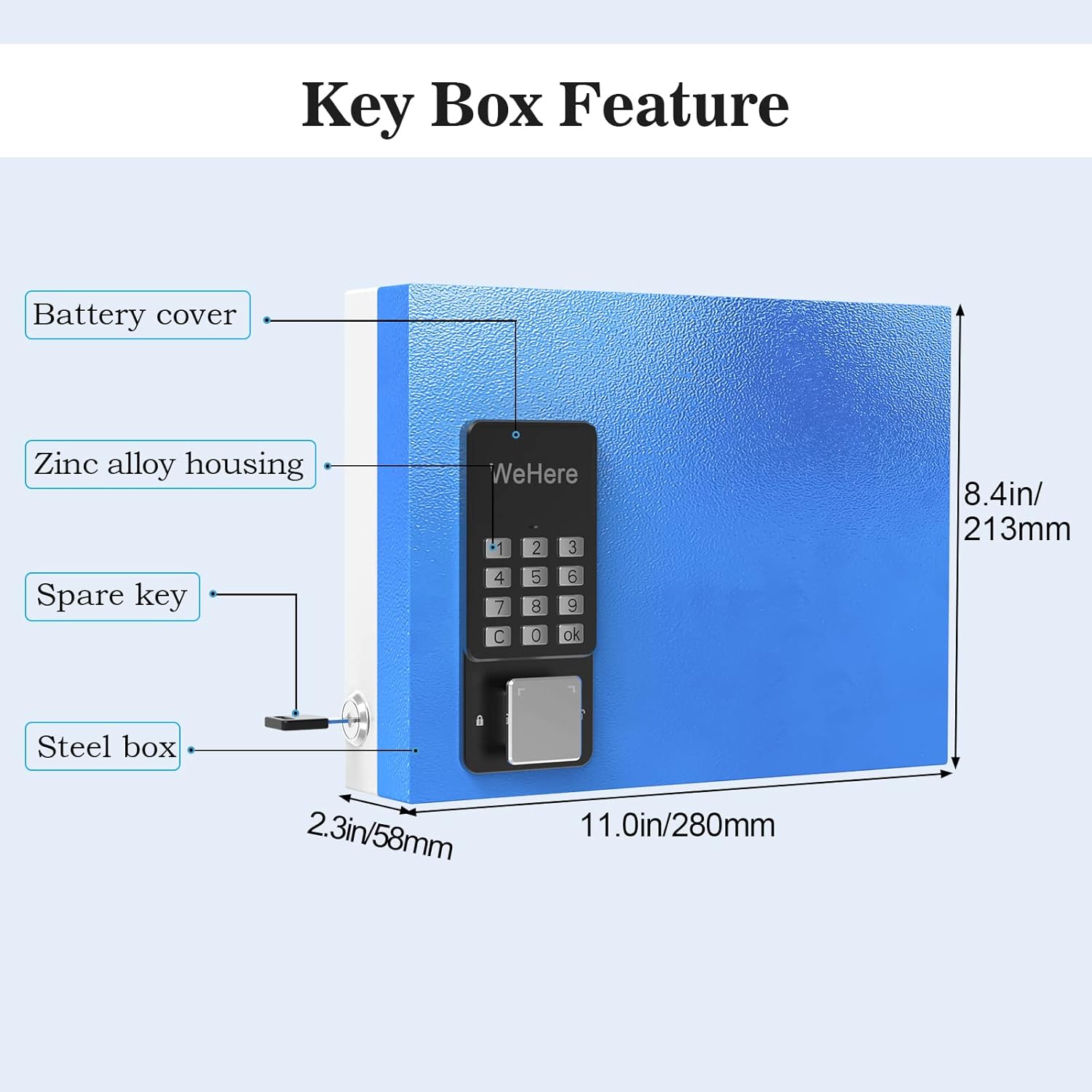 Diagram showing dimensions and components of the WeHere key box