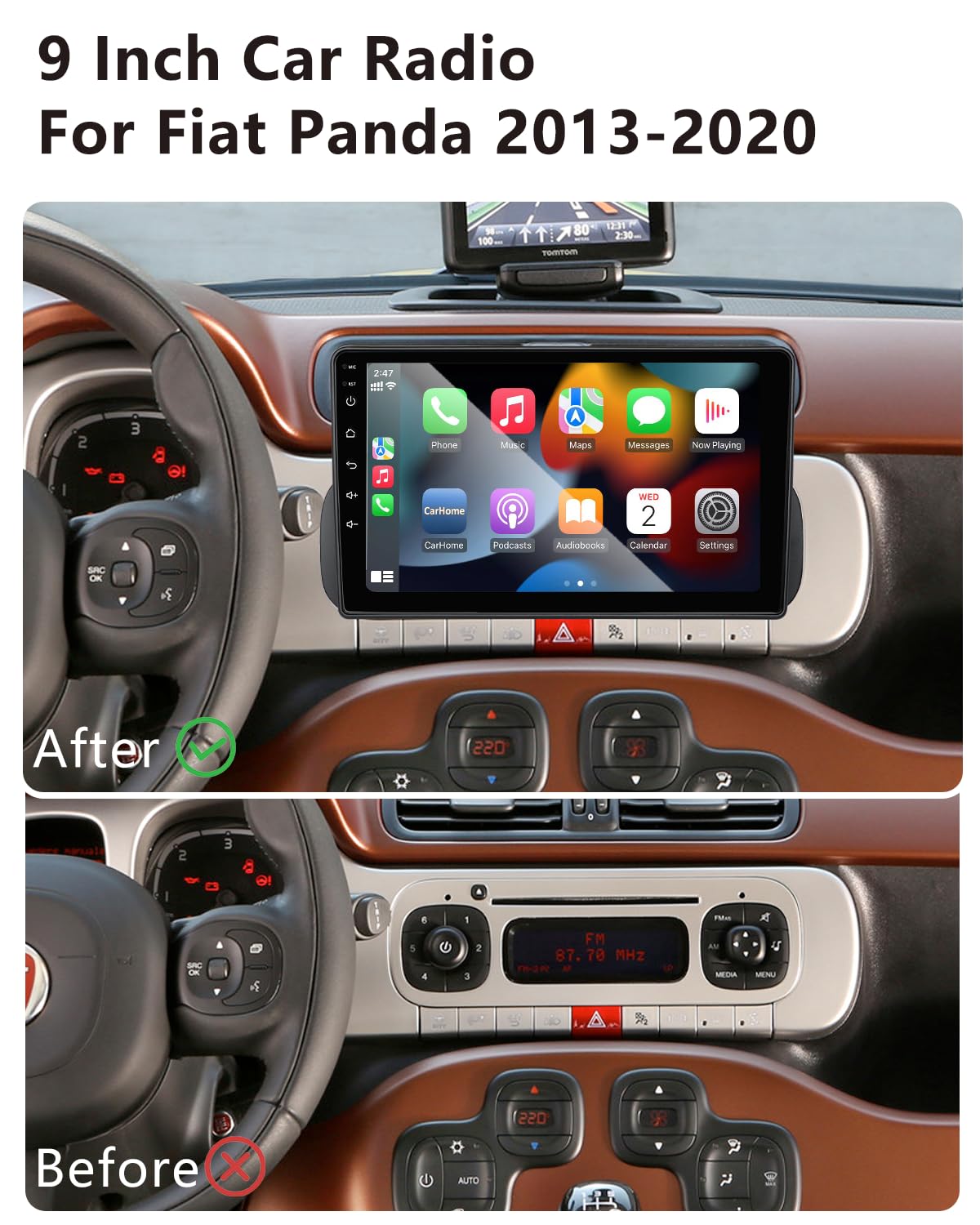 Autoradio 9 Pollici per Fiat Panda 319 (2013-2020) con Android Auto e CarPlay Wireless, RDS Car Radio Bluetooth Android Stereo con Telecamera Retromarcia/Mic/CANbus/WiFi/App Store 2G+32G