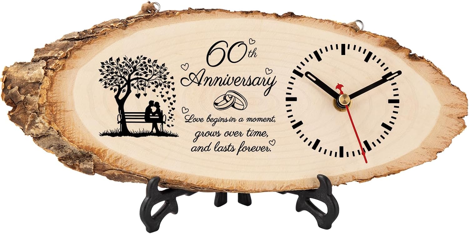 BeauGift 60th Anniversary Wedding Gifts for Parents Him Her, 60th Wedding Anniversary Clock Gifts for Husband Wife, 60th Anniversary Decorations Wooden Clock
