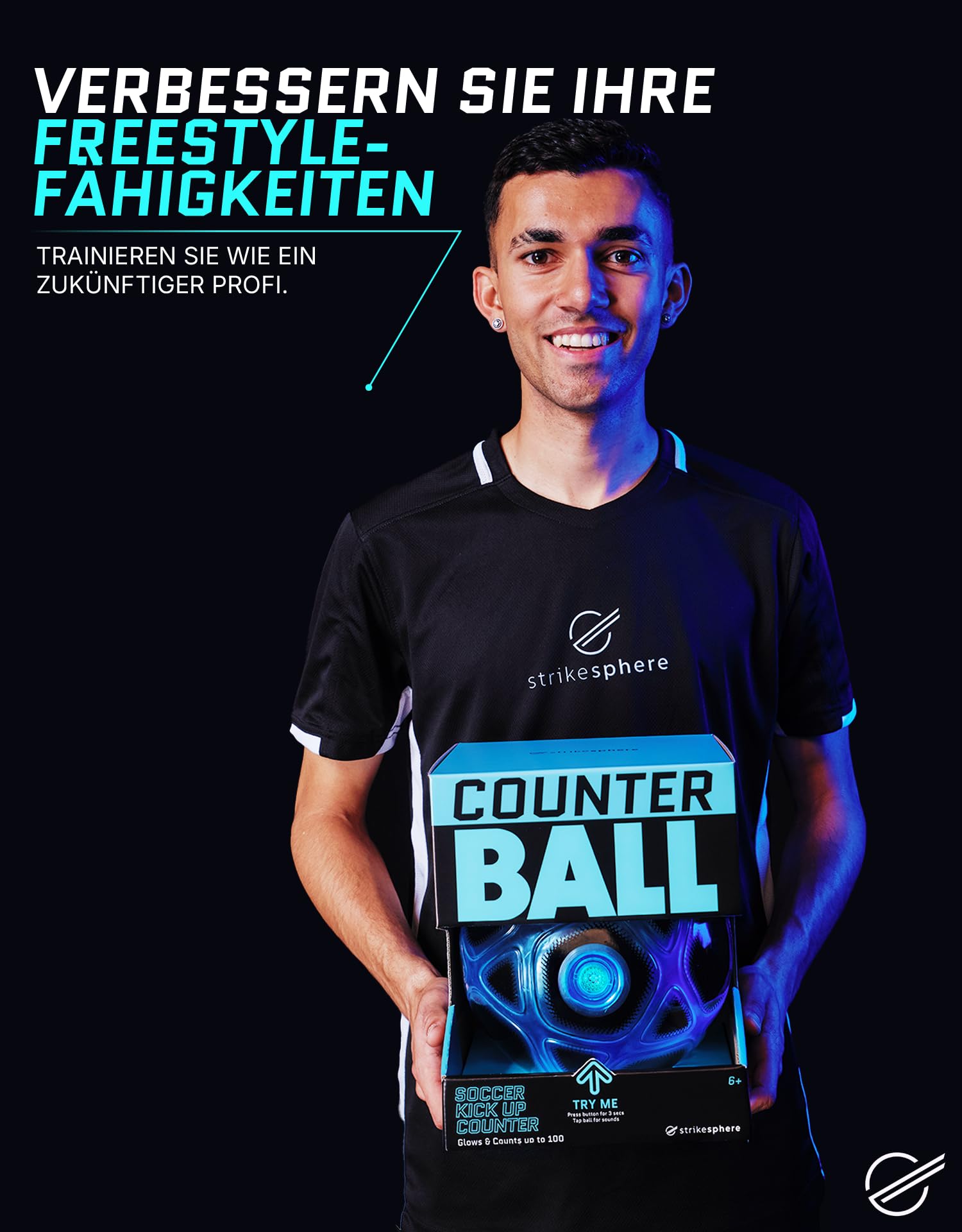 strikesphere Counter Ball, Fußballgeschenk für Jungen und Mädchen ab 6 Jahren: Zählball mit Licht- und Soundeffekten, weiß und blau