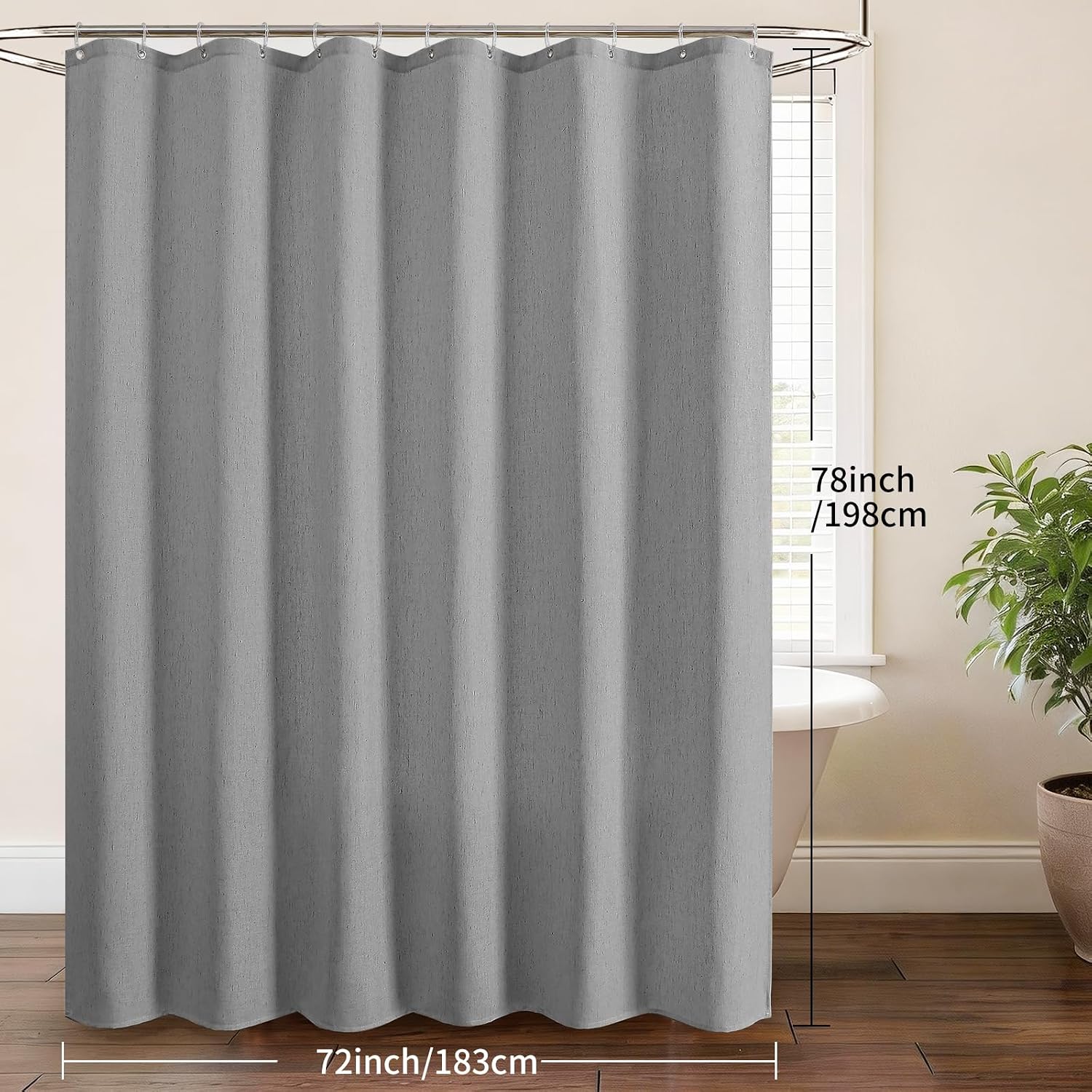 QiyI Long Linen Shower Curtain, Tall Waterproof & Heavy Duty Fabric Bath Curtain with 12 Clear Hooks, Country Farmhouse Thick Cloth Shower Curtain Set for Bathroom Hotel Bathtub, 72"x78", Grey