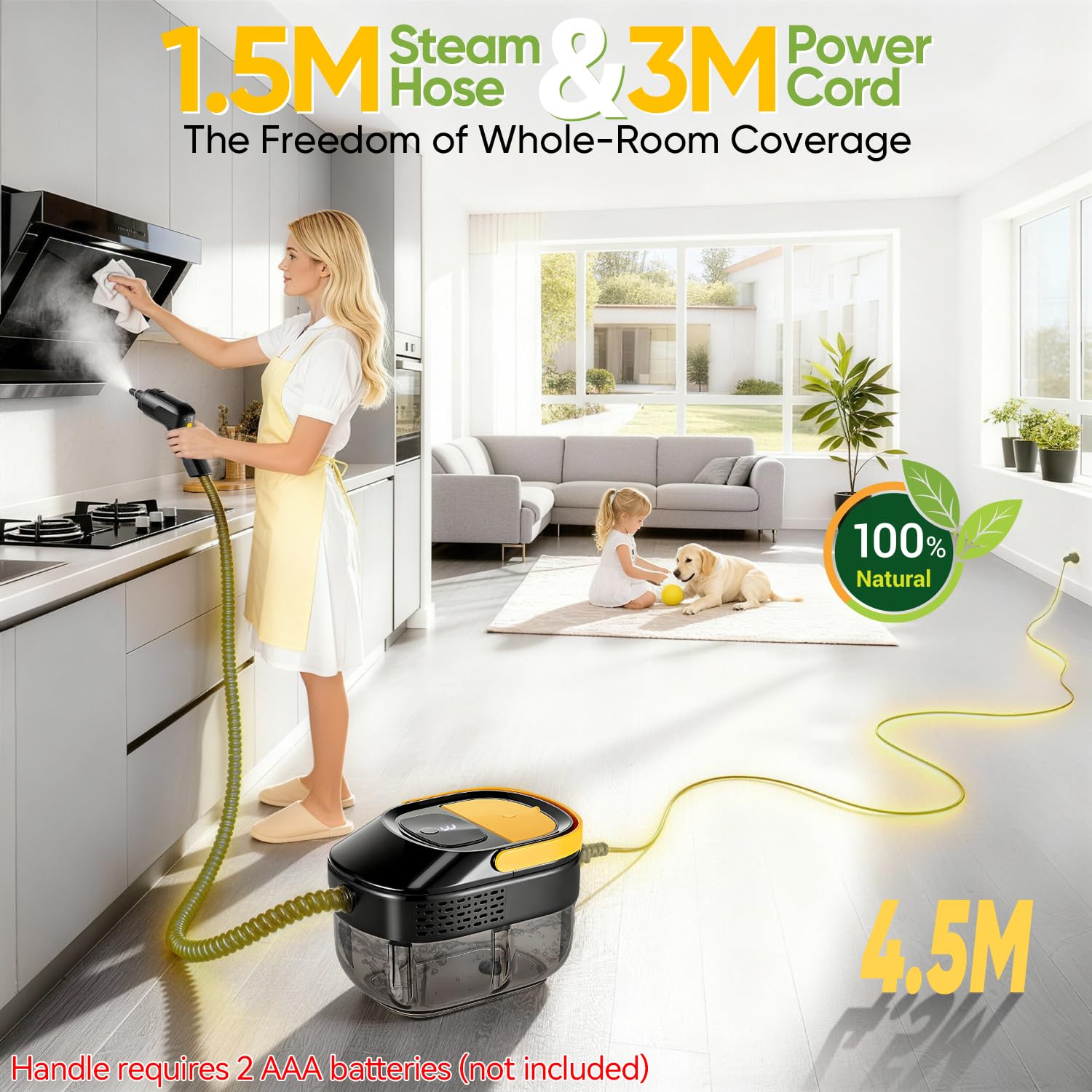 Limpiador de Vapor Portátil 17-in-1 Hogar y Auto, Calentamiento 10s, Depósito 1600ml, 3 Niveles de Vapor Ajustables en Mango, Radio de Acción 4,5m, Accesorios: Cocina, Baño, Suelos, Ventanas, Auto