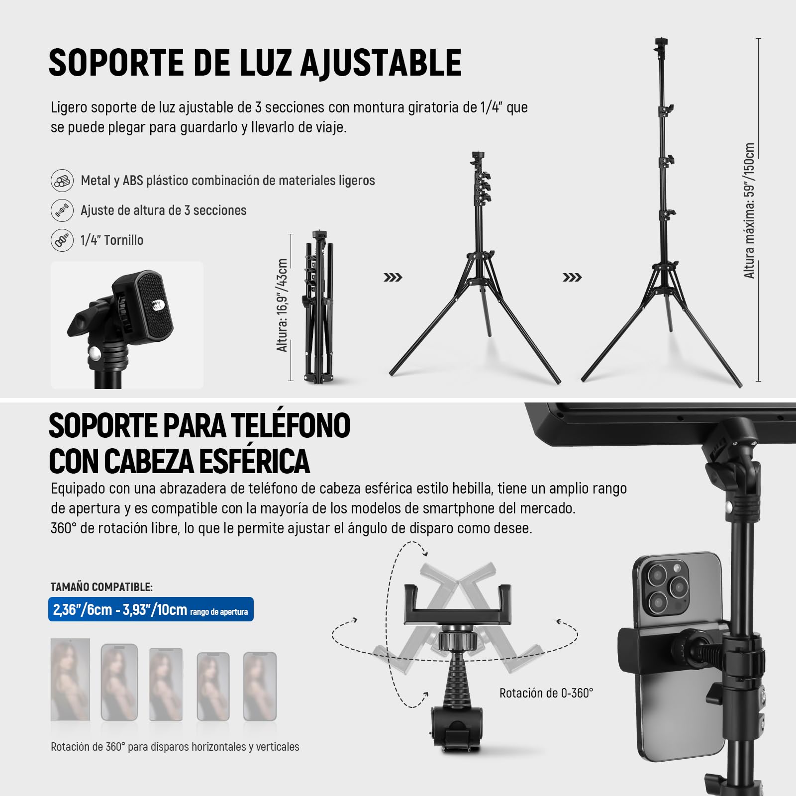 NEEWER BÁSICO Paquete de 2 Panel Luz LED Video con 59''/150cm Trípodes & Soportes Teléfono, 2700-6500K 850Lux Luz Estudio Bicolor Regulable para Fotografía Filmación Grabación Live Streaming, BP300