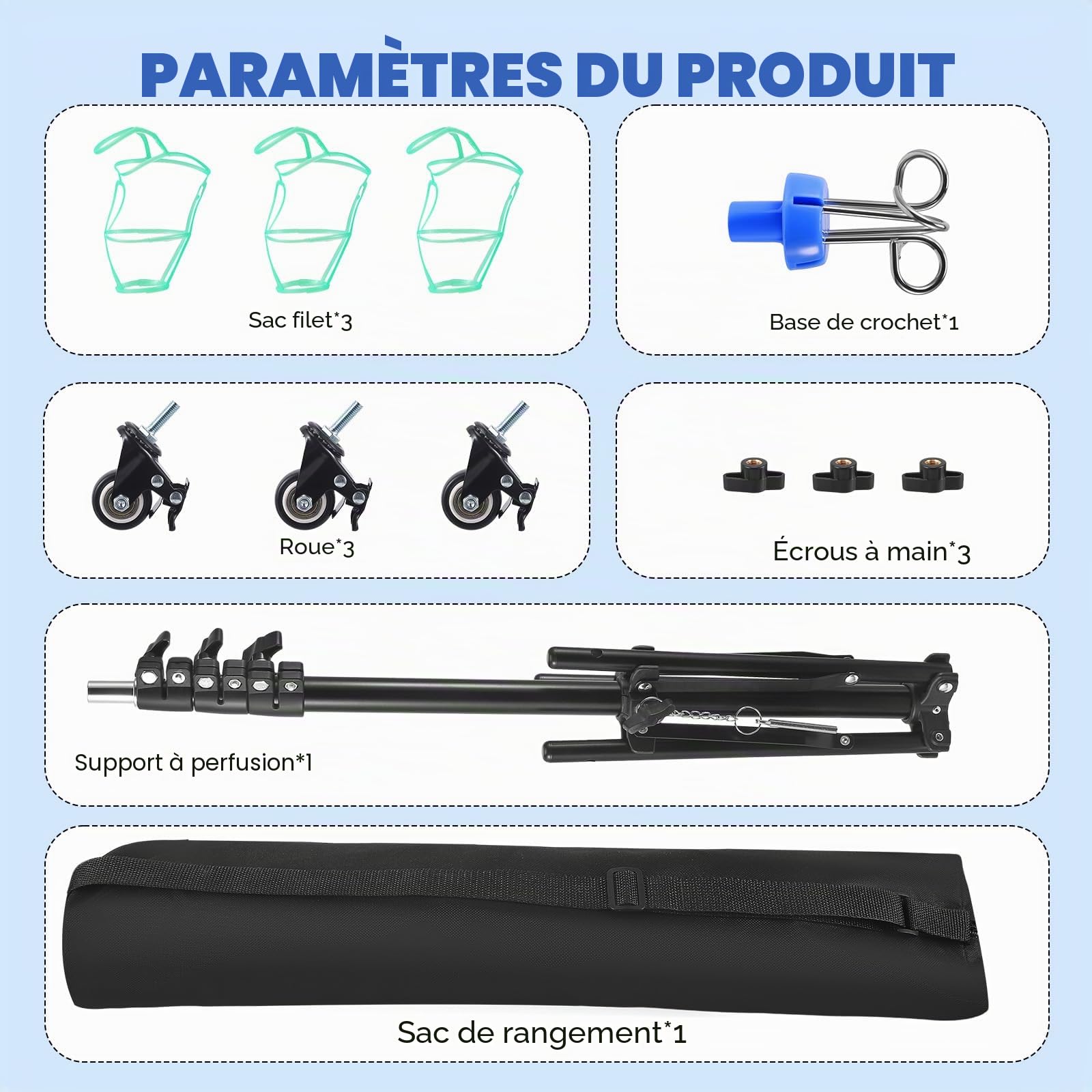 Support Perfusion Mobile Pliable, Potence Perfusion Réglable 85-190 cm avec roulettes à 360° et Freins, Pied à Perfusion 4 Crochets en Alliage d'Aluminium pour Hôpital et Soins à Domicile
