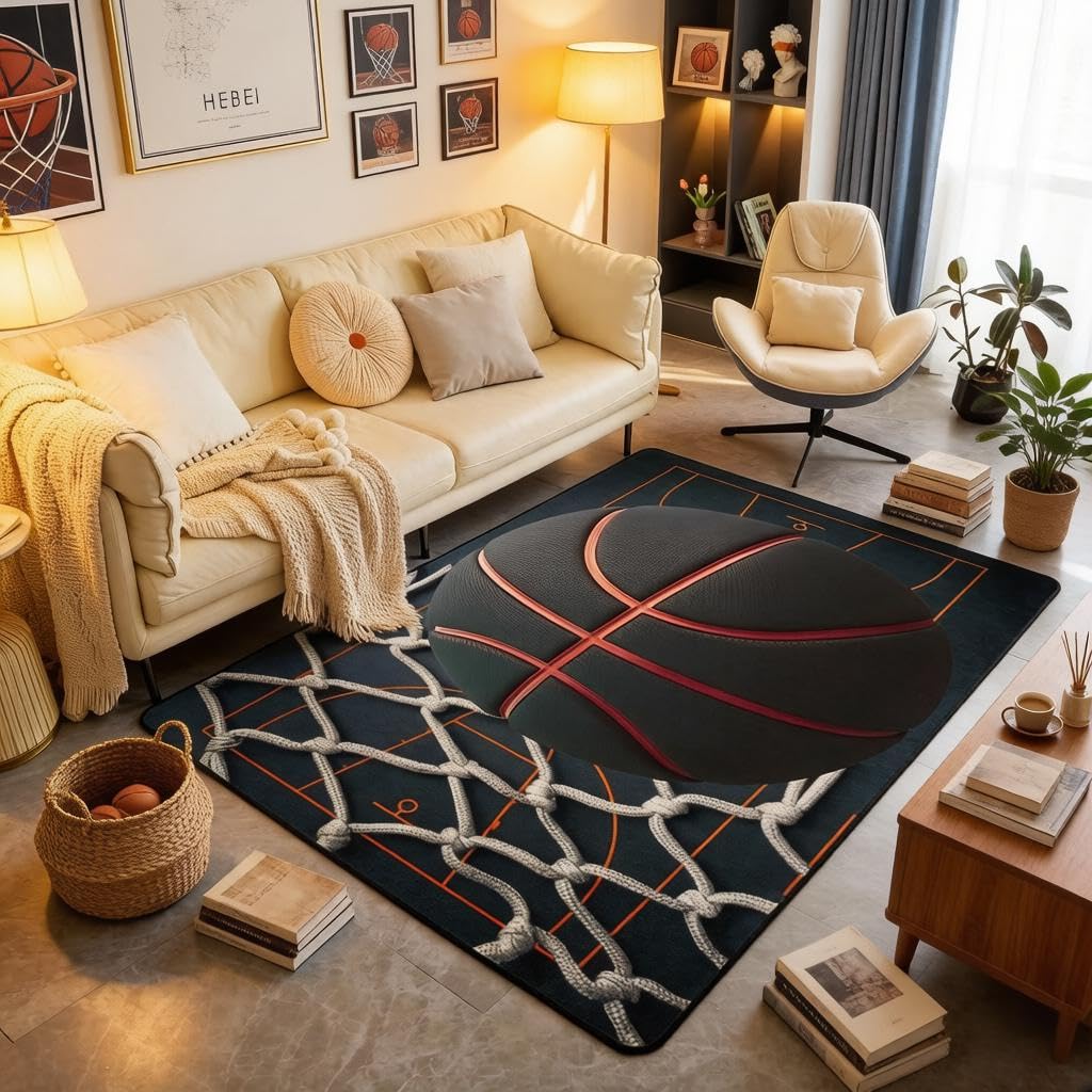 Tapis basket-ball 3D durable contre les sols froids pour chambre et salon