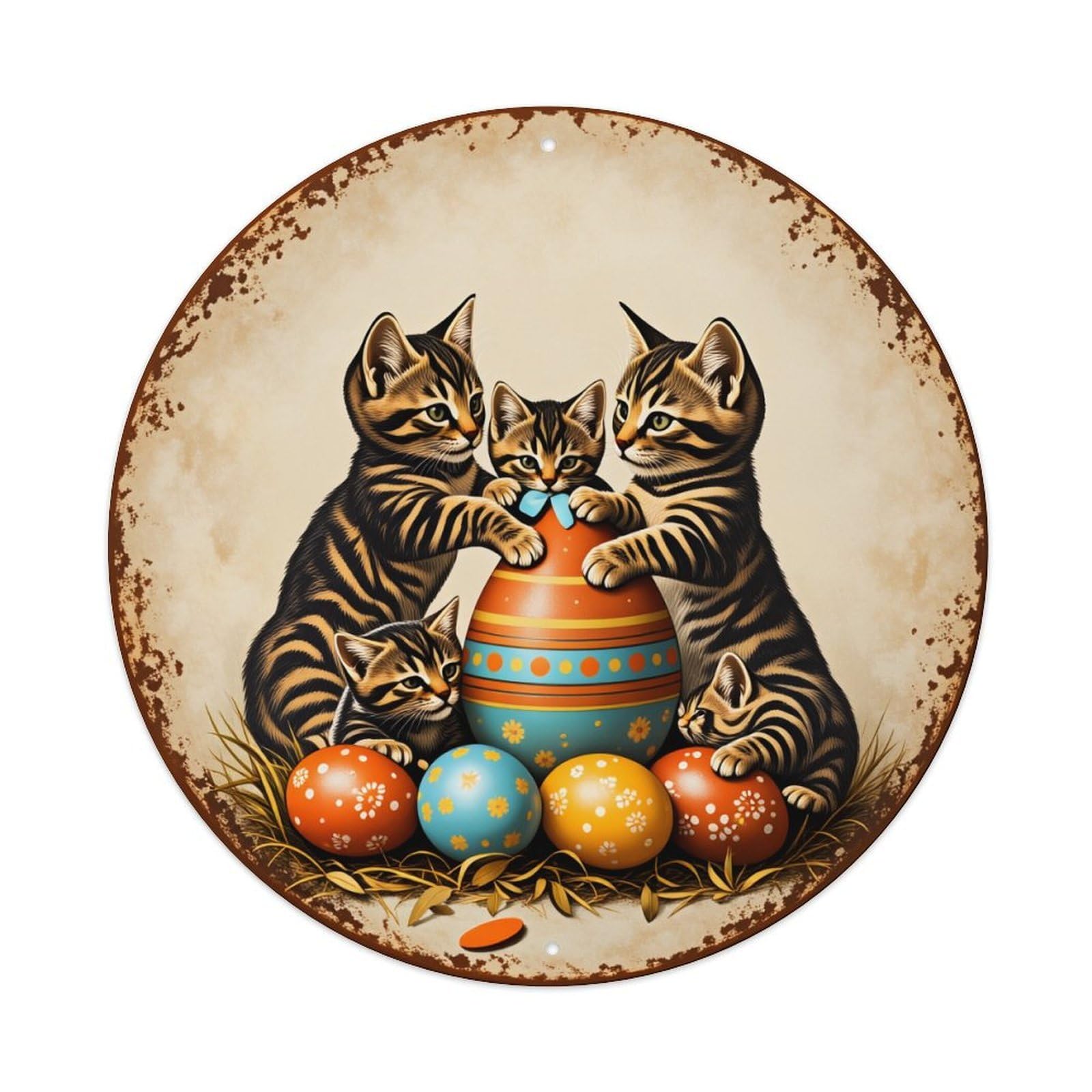 Cats Eggs Spring Pattern Art Round Tin Sign Vintage Style Metal Sign Home Bar Garden Wall Plaque Decor Metal Poster 8x8 Inch