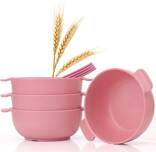 Rightitem Cuencos de paja de trigo con asas, juego de 4 cuencos de fibra de trigo y 4 cucharas, reutilizables, aptos para microondas y lavavajillas,