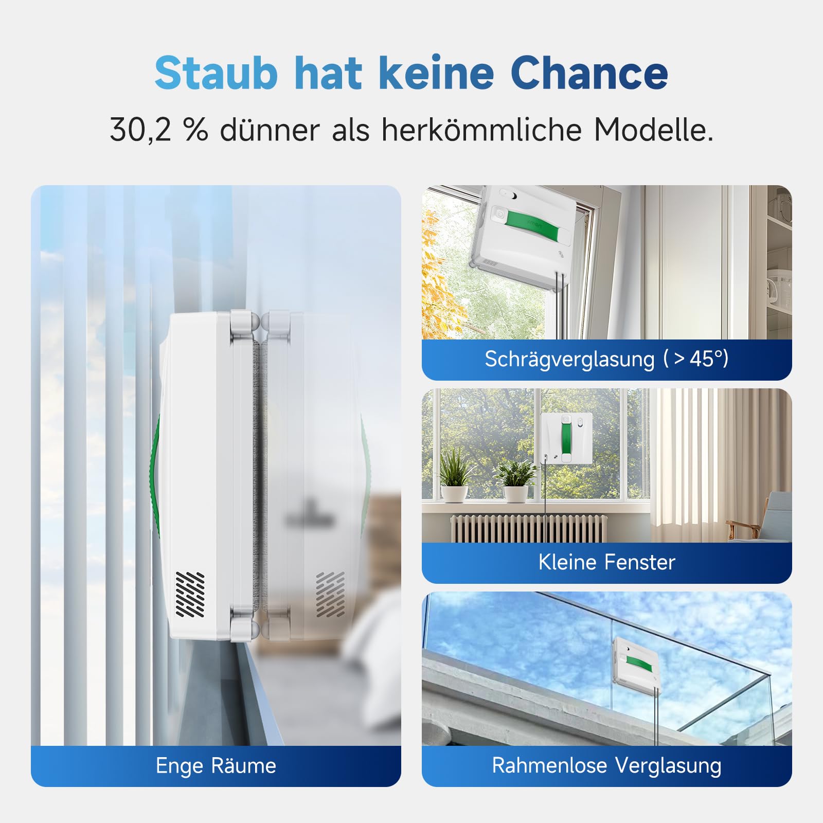 Fmart W8 fensterputzroboter mit sprühfunktion, 8000 Pa Saugkraft und Kantenerkennungstechnologie, Automatischer Fensterreiniger Roboter mit 4 Reinigungsmodi und Anti-Rutsch-System, Weiß