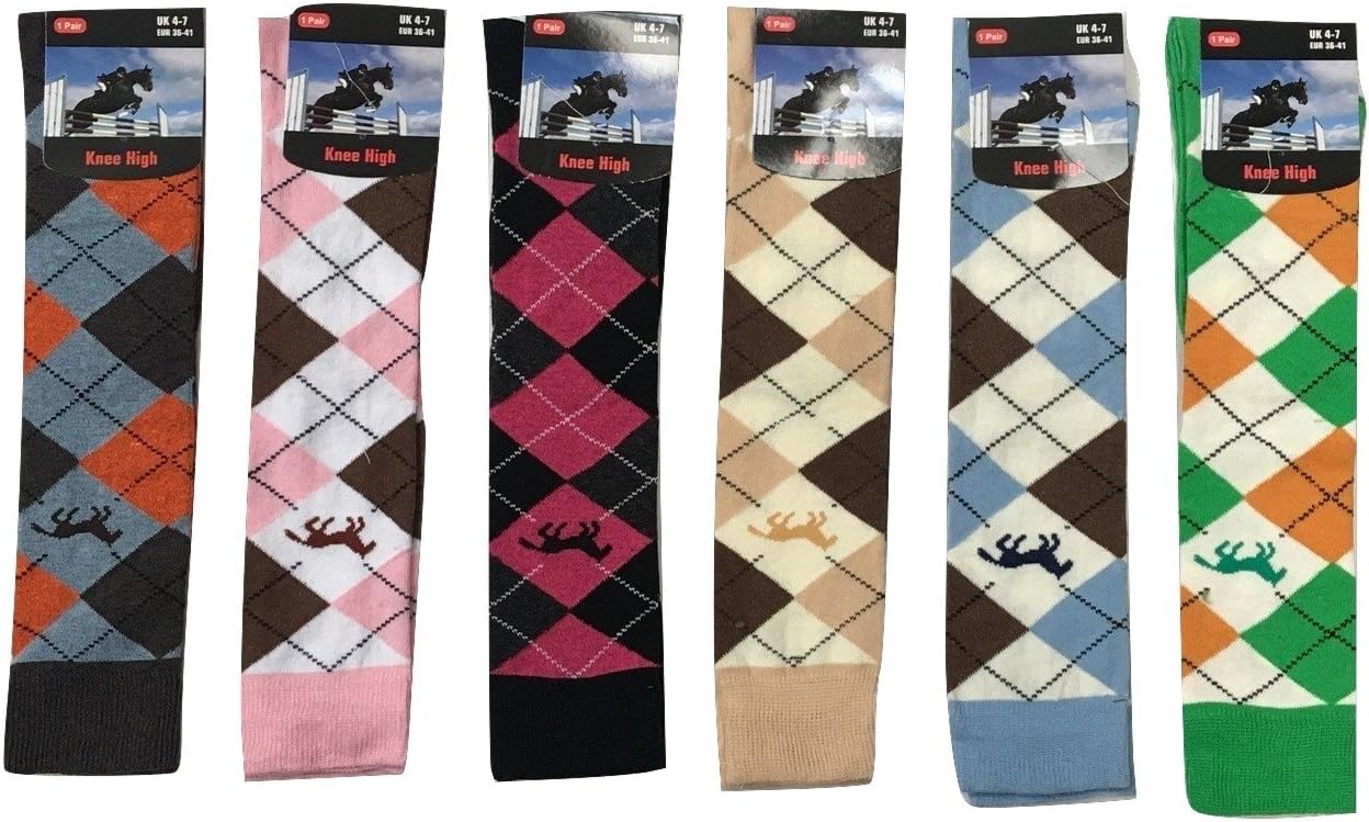 Northern Threadz6 Pairs Women Knee High Cotton Rich Argyle Horse Socks Assorted Colours