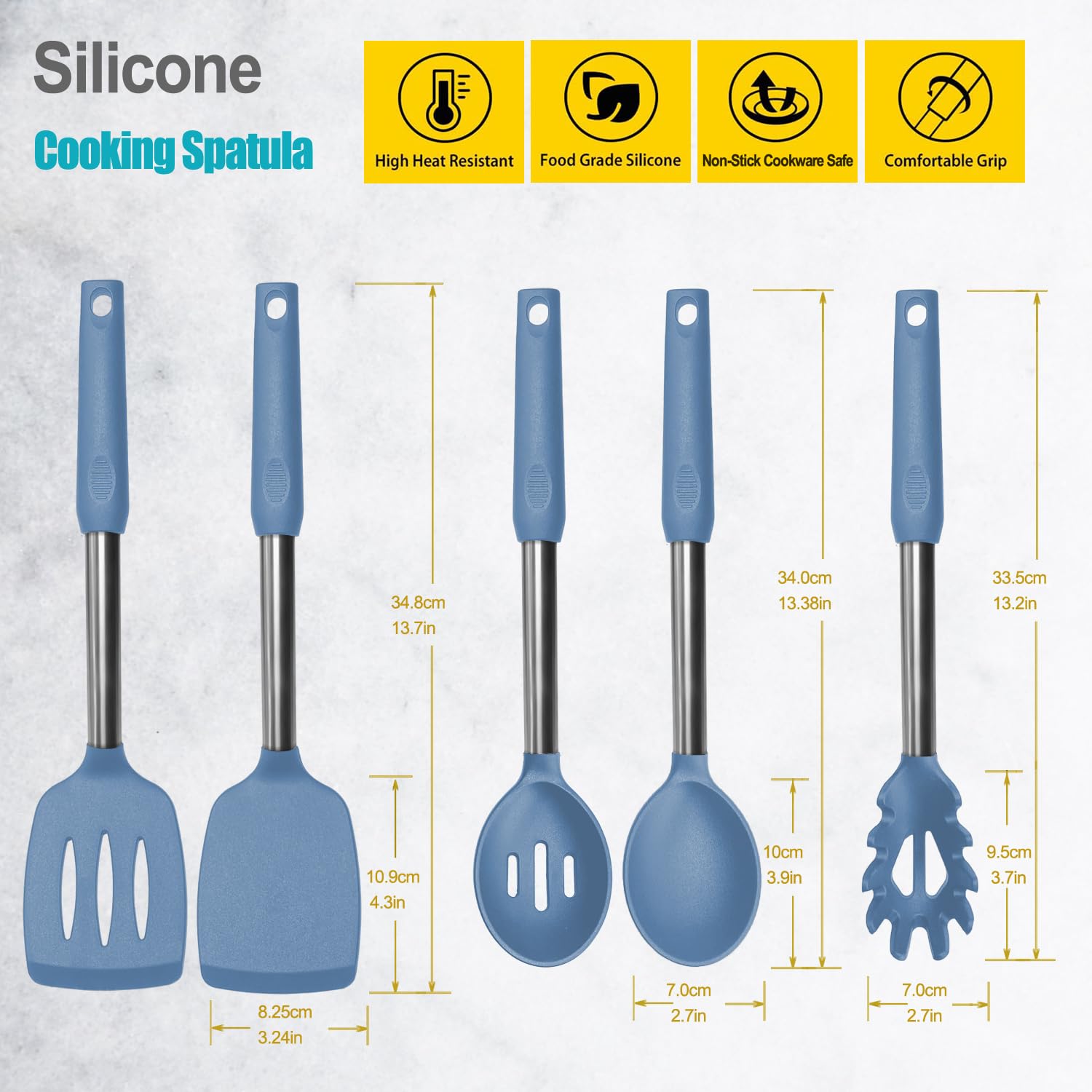 Espátula de silicona y cuchara de cocina, paquete de 5 cucharas y espátulas sólidas y ranuradas de silicona resistente al calor para cocina, mango de acero inoxidable recubierto con silicona,