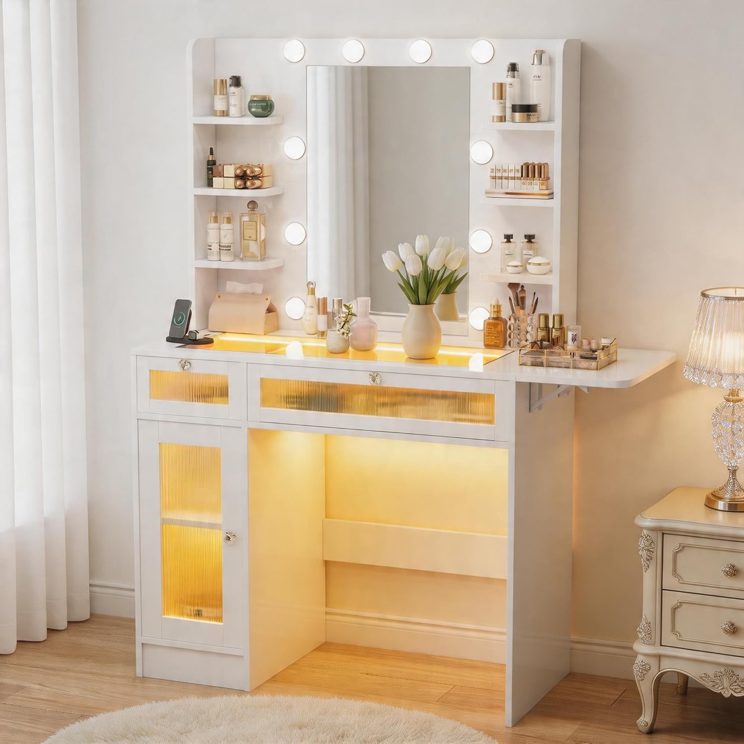 White Vanity Desk, Makeup Vanity Desk with Mirror & Lights, Vanity Table with 2 RGB Drawers 6 Shelves Power Outlet Transparent Top Storage Cabinet Dressing Tables with 10 LED Bulbs, 3 Color Modes