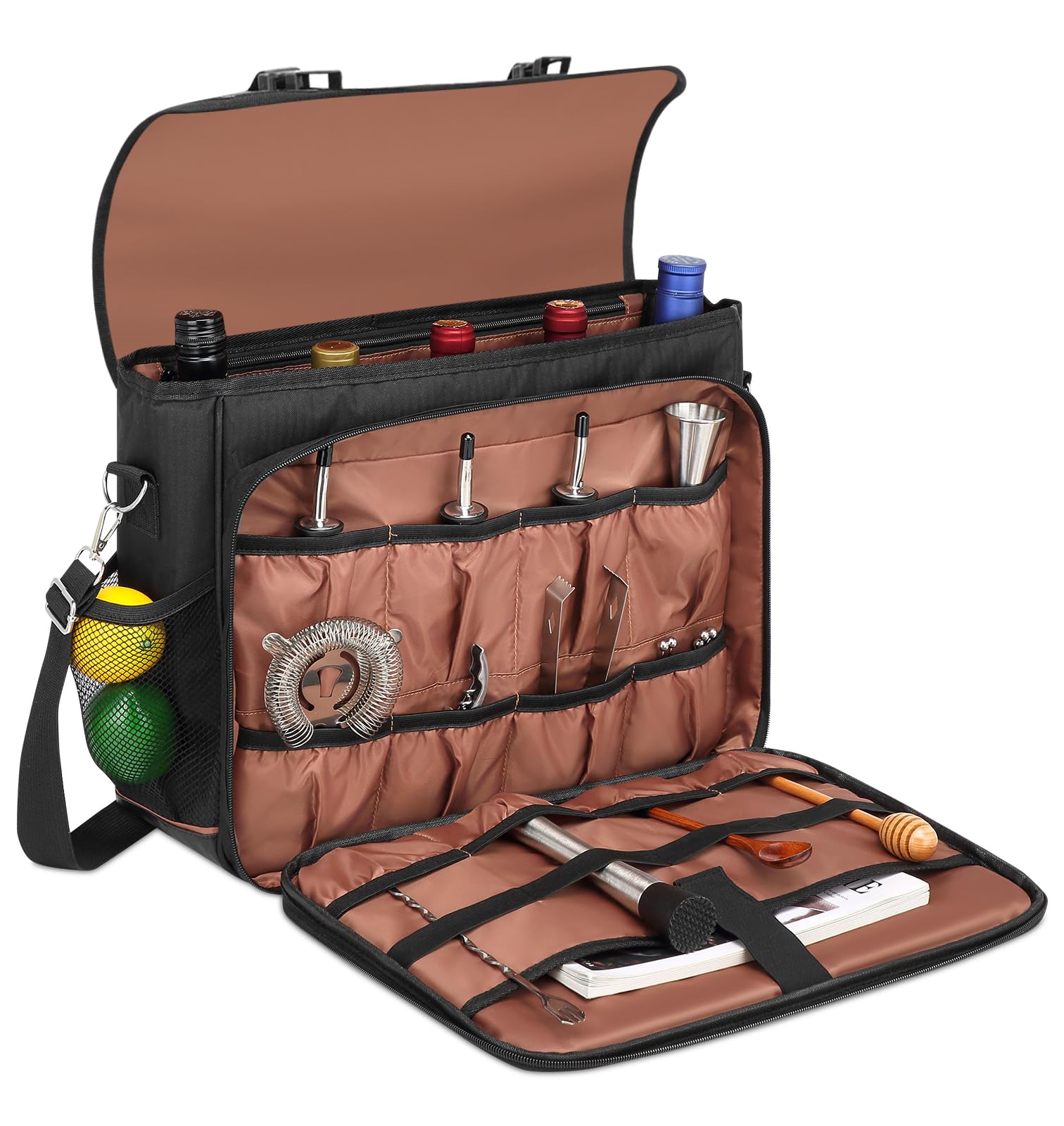 Sac de bartender pour shaker à cocktail, sac messenger avec compartiments rembourrés pour le kit de barman de voyage, sac à outils portable, parfait pour agitateurs à cocktail et shakers de