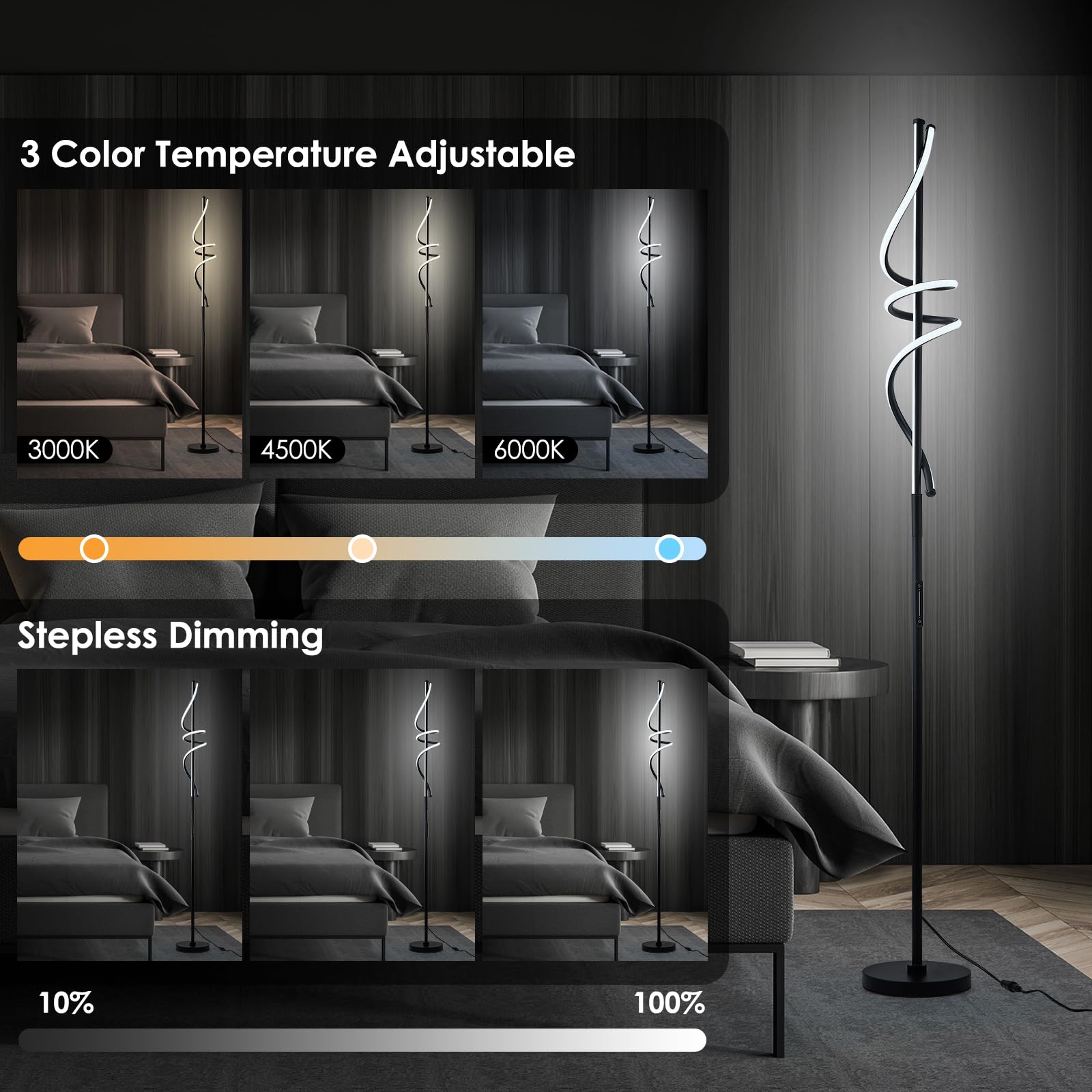 Lampada da Terra Salotto LED 48W Dimmerabile Moderno Piantana con Telecomando e Controllo Tattile 3 Temperature di Colore Spirale Design 175CM Lampada da Lettura Per Camera da Letto Nero