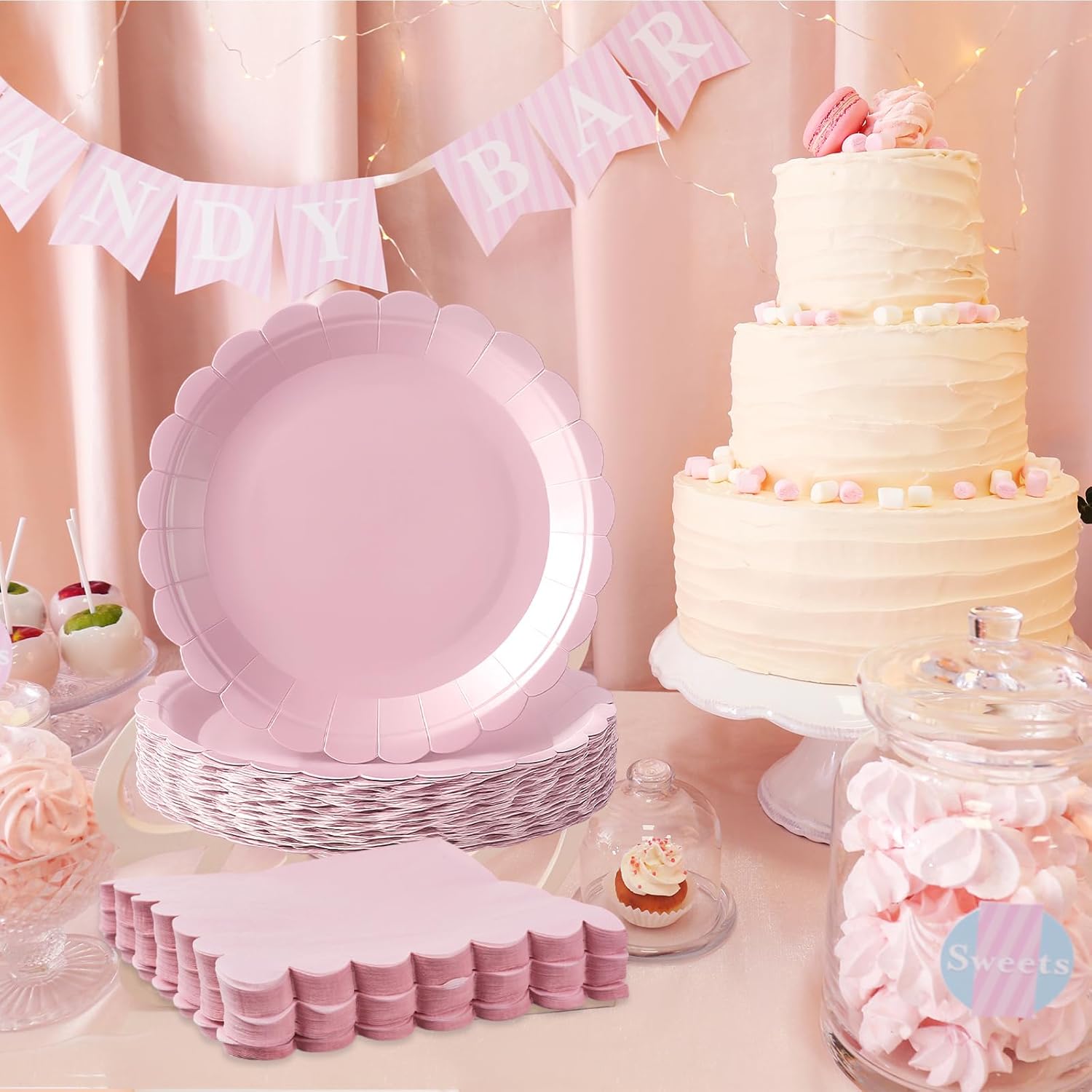 120 Pcs Pink Paper Plates and Napkins Party Supplies Bulk Disposable 7 Inch Scalloped Plates Cocktail Napkins for Wedding Bridal Baby Shower Birthday Decorations, Serve 60 Guests - Image 3