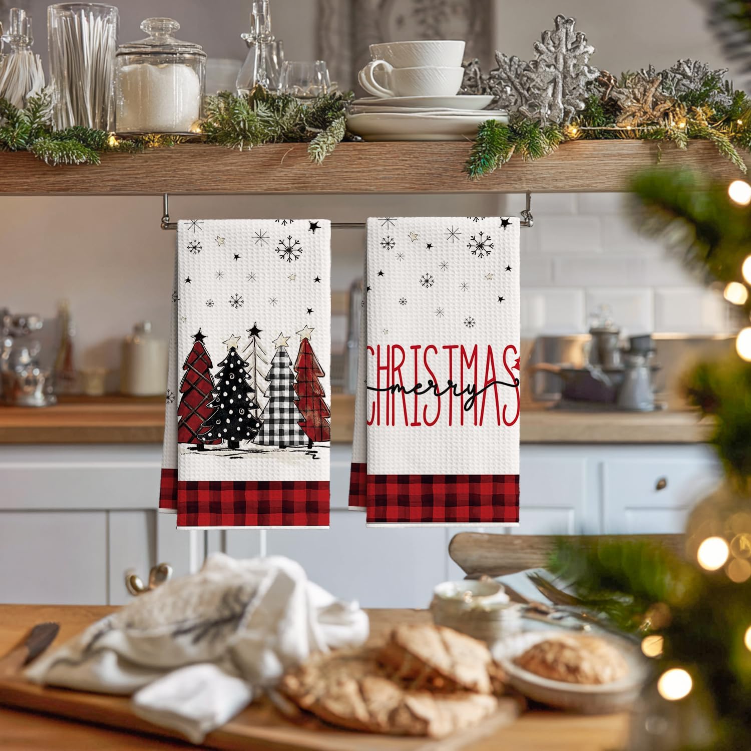 Artoid Mode Red Buffalo Plaid Xmas Tree Christmas Kitchen Towels, 18x26 Inch Quick Dry Microfiber Cloth Dish Towels for Kitchen Drying Set of 2 - Image 2
