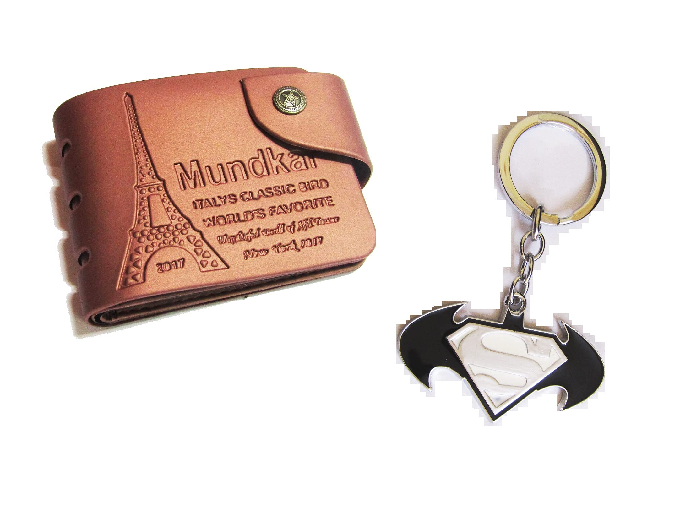 MundkarPu Leather Tan Wallet and Batman Superman Key Chain Key Ring Combo for Men and Boys. Keychain for Bike, Car, Home.