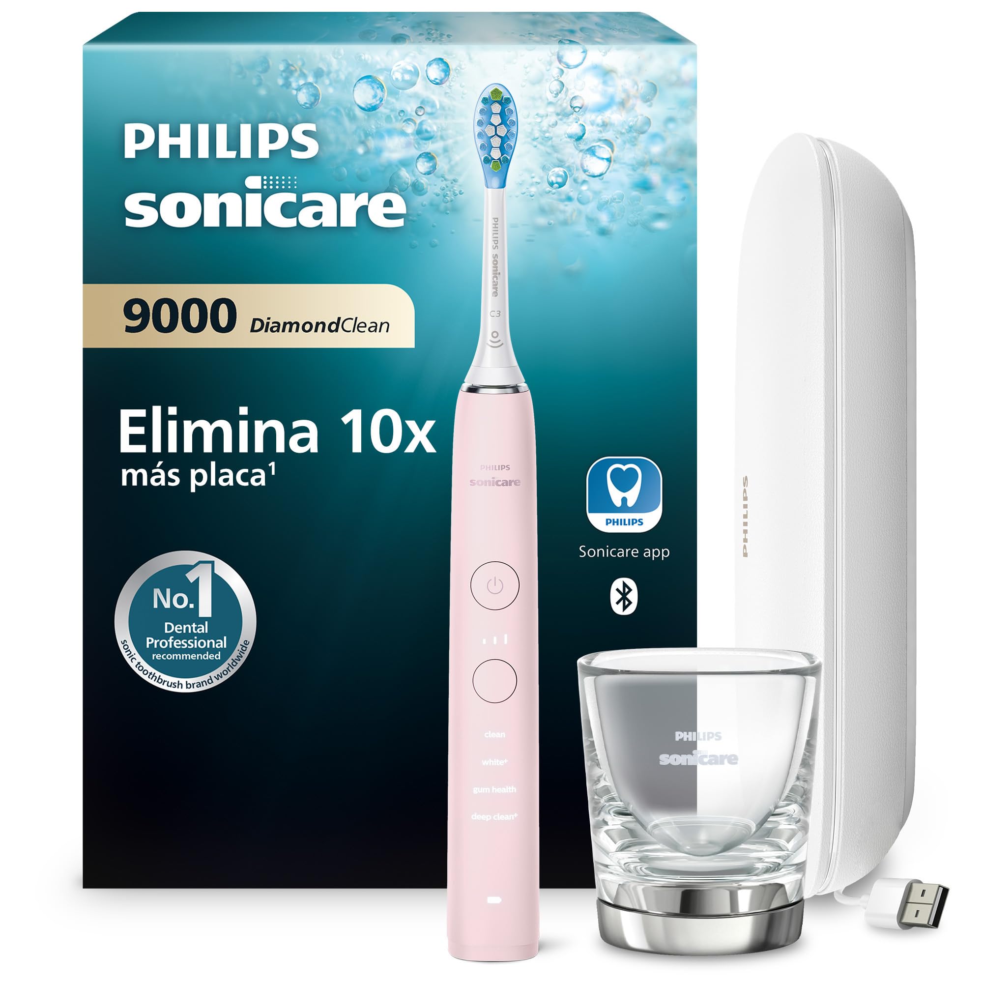 Philips Sonicare DiamondClean 9000 cepillo dental eléctrico, sónico con aplicación, sensor de presión, 4 modos de cepillado, vaso de carga y estuche de viaje USB, rosa, HX9911/29