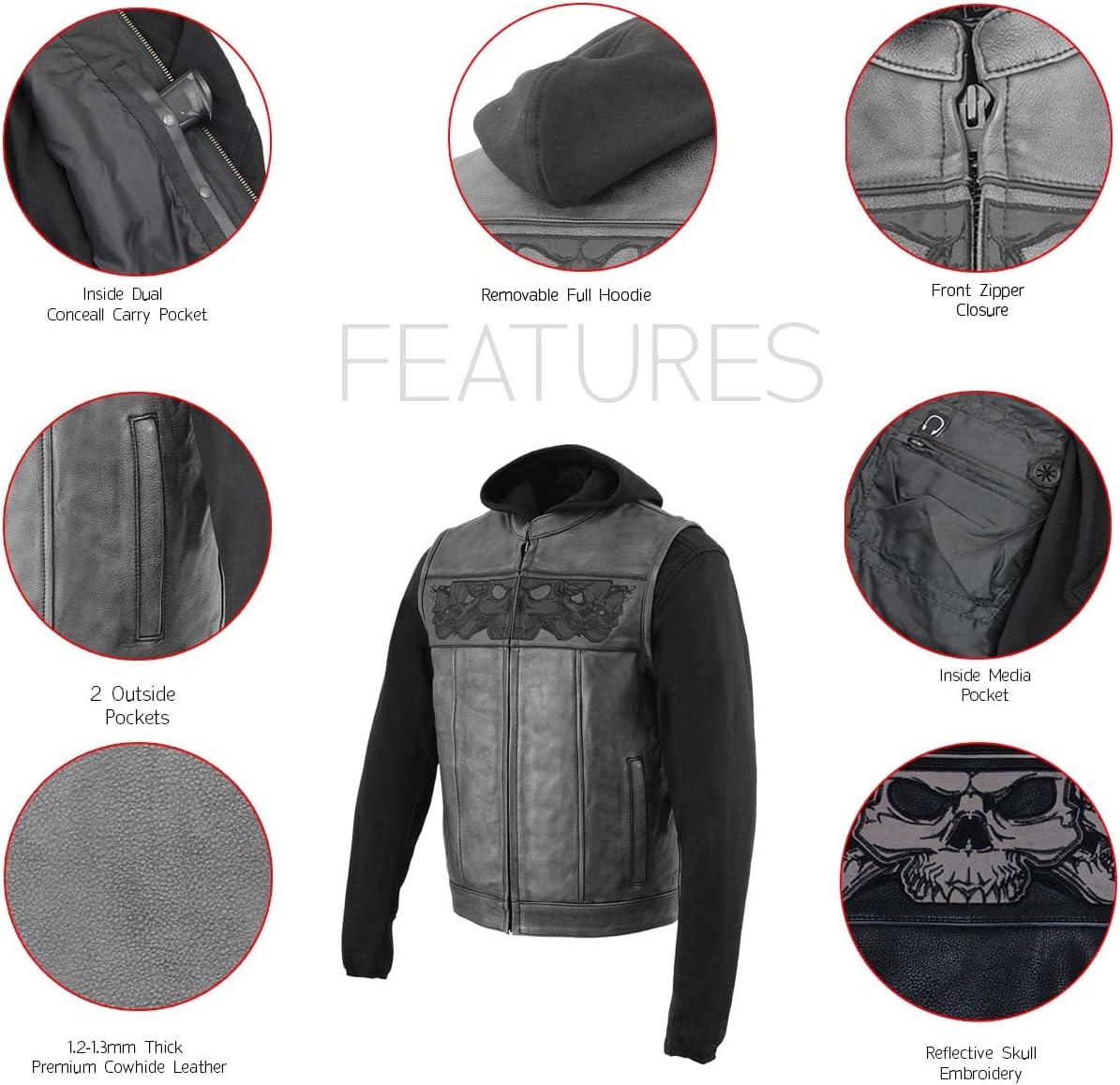Milwaukee Leather MLM3563 Men's Leather Vest w/Removeable Hoodie - Black 2 in 1 Reflective Skulls Motorcycle Vest - Large - Image 4