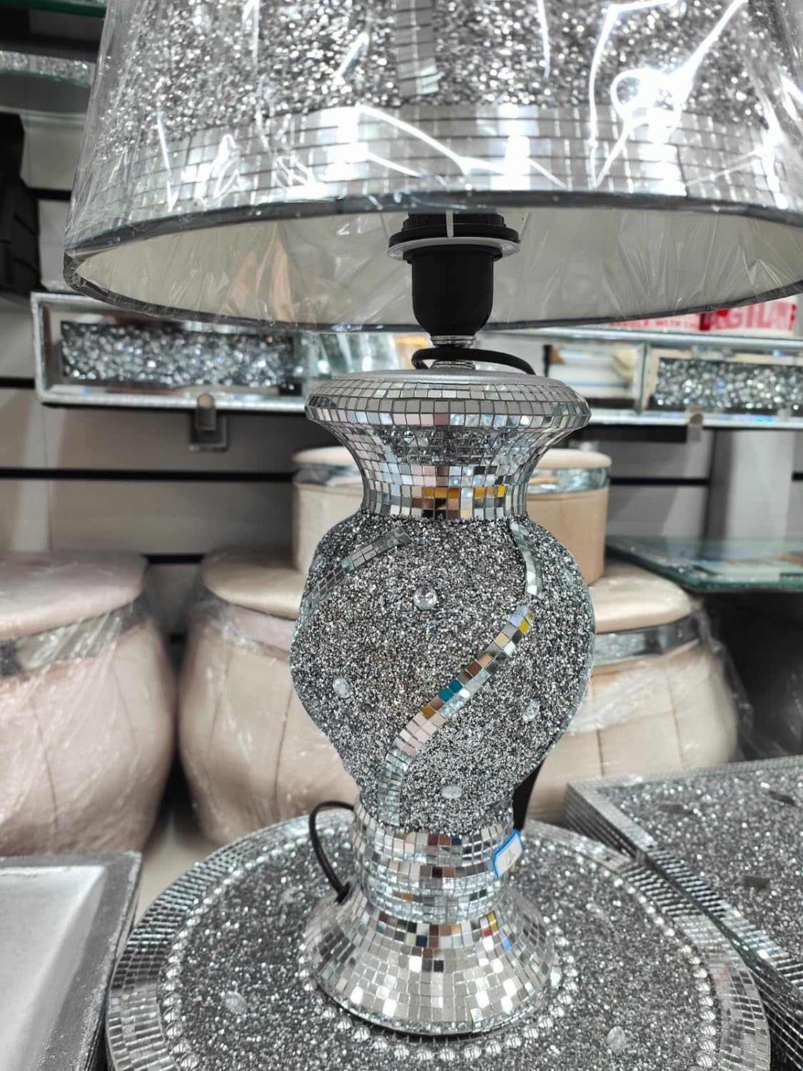 Silver Glitter Crushed Diamond Table Lamp with Shade Ornament Diamante Home Spiral Line