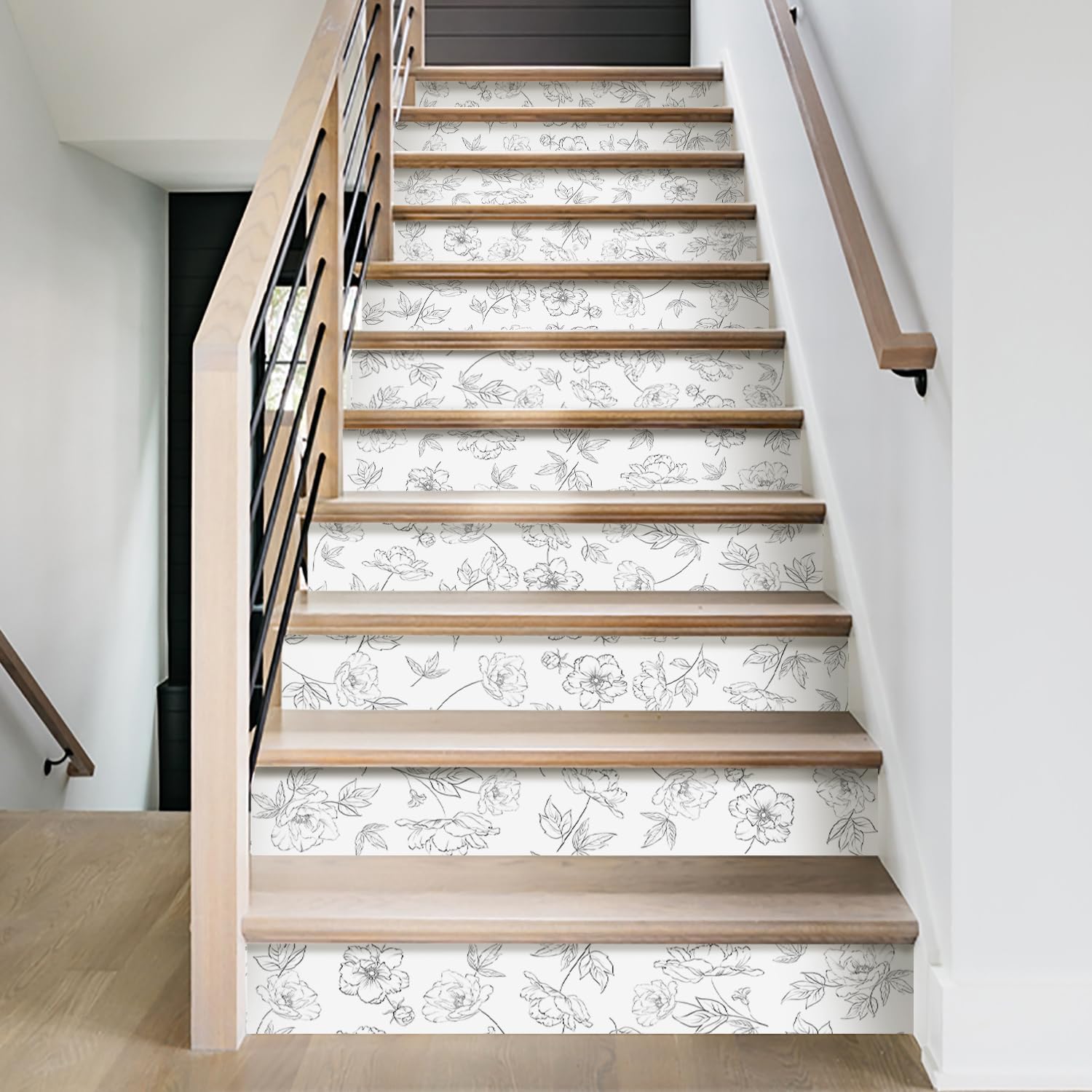 15Pcs Peel and Stick Stair Riser Decals Vinyl Floral Stair Sticker Leather Textured Wallpaper, Sketch Floral with White Background, 39.37"x7.09"