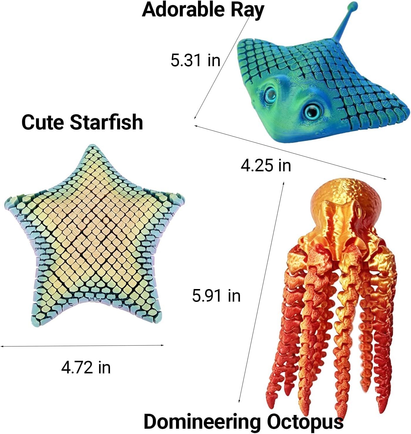 3 Pcs 3D Printed Articulated Fidget Toys – Octopus, Ray & Starfish Flexible Desk Decor, Posable Sea Creature Figures, Handheld Stress Relief Objects for Office Workspace