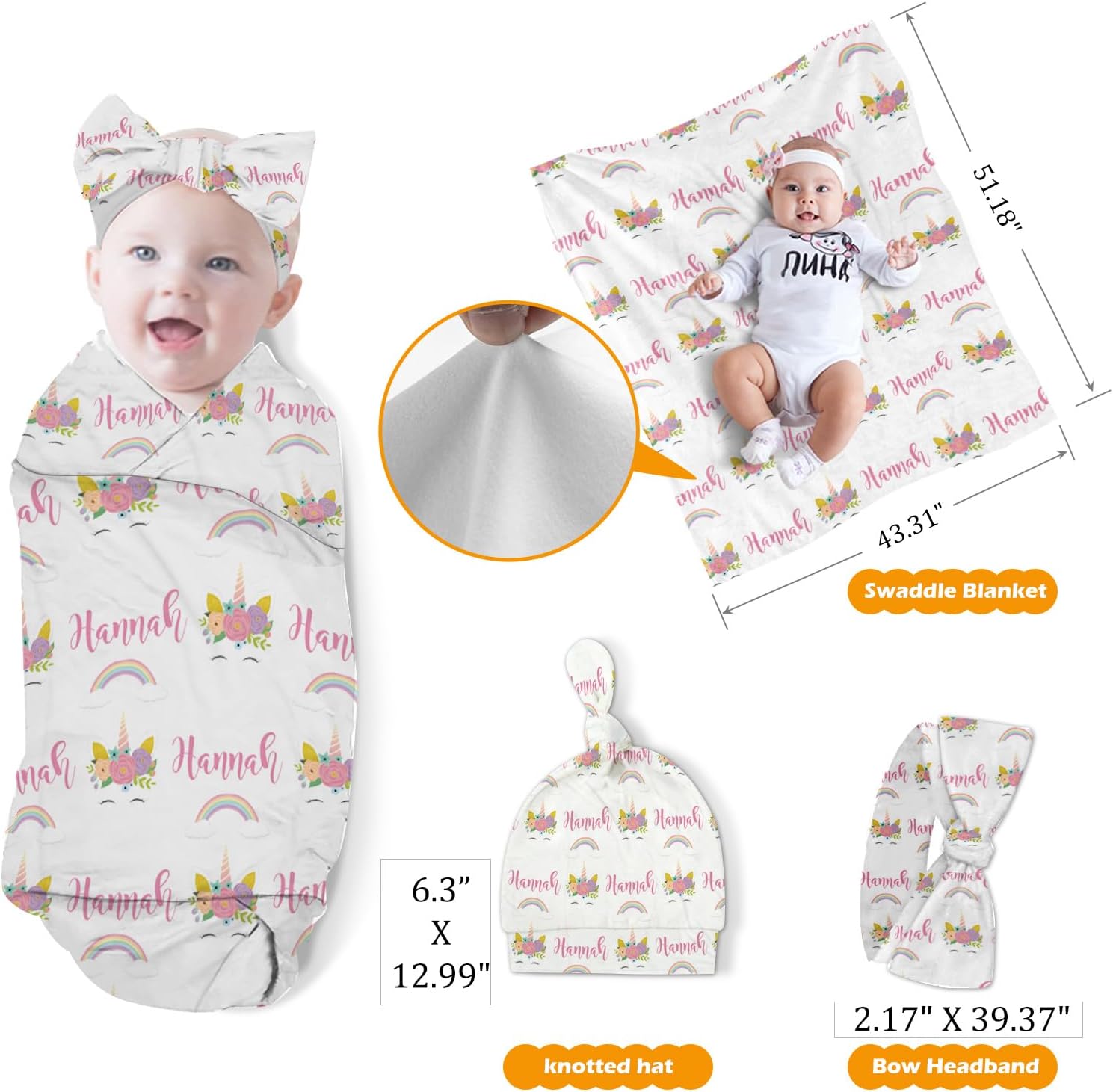 Custom Baby Nursing Swaddling Set: Personalized Custom Name Swaddle Blanket Car Seat Cover Bow Headband Hat Nursing Pillow for Infant Girl Pink