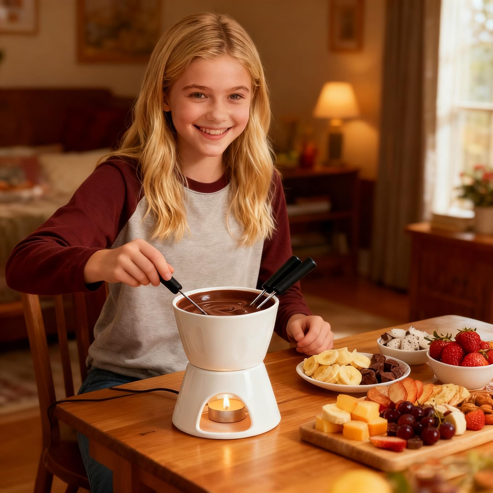 Set à Fondue Au Chocolat,Service à Fondue en Céramique Compatible Lave-Vaisselle,Comprend 2 Fourchettes et Un Petit Chandelier,Convient pour Les Repas en Famille, Fromage, Chocolat