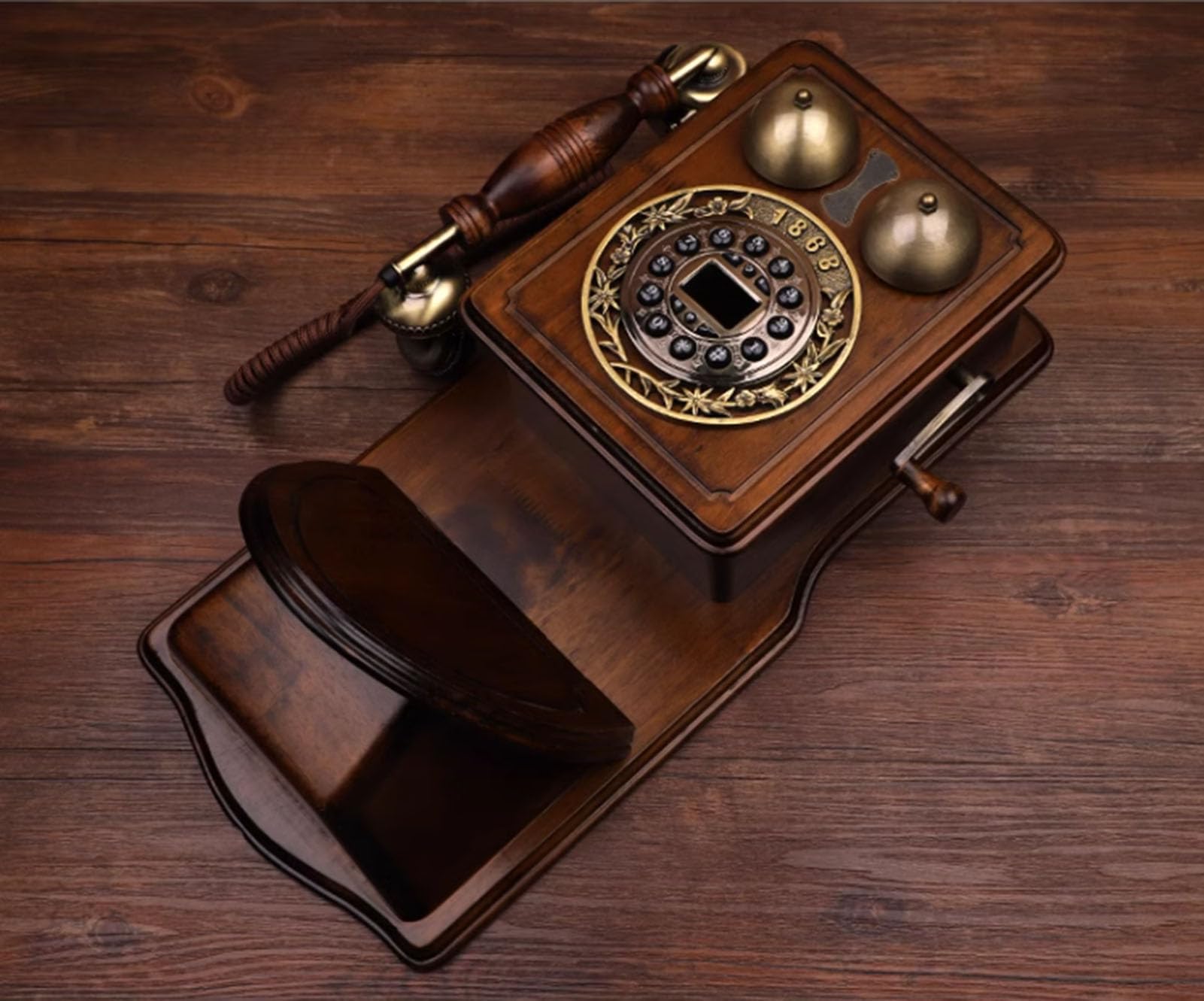 HJMMWT Telefon montowany na ścianie Retro drewniany przewodowy dekoracja domu/biura Telefon stacjonarny w stylu vintage