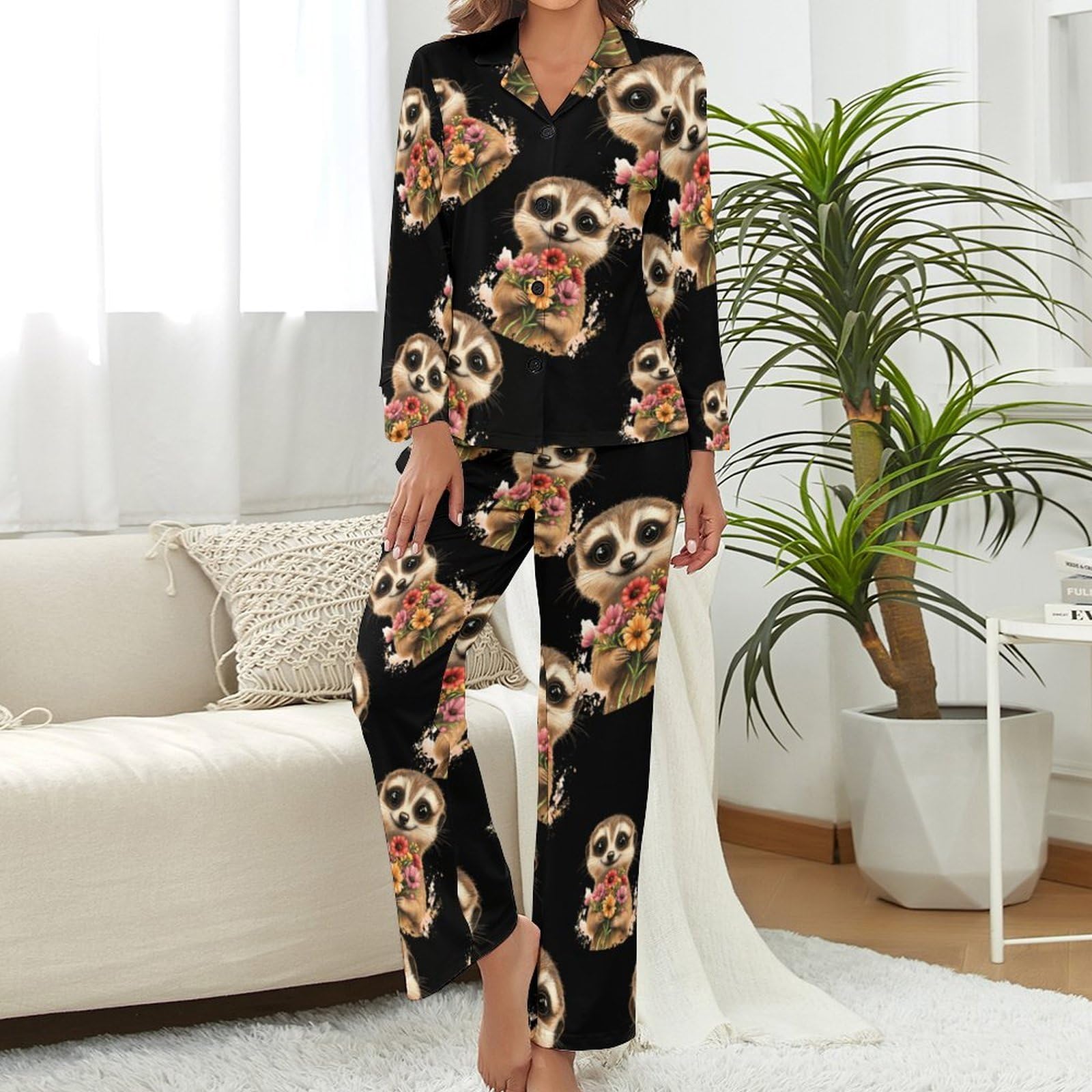 Conjunto de pijama para mujer con diseño de suricatas, cuello en V, manga larga y pantalones, ropa de dormir suave y cómoda