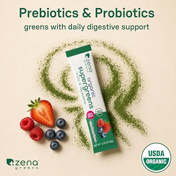 Zena Nutrition Organic Super Greens Powder, 70+ Superfoods, 0 Sugar, 3g Fiber, Spirulina, Chlorella, Mushrooms, Prebiotics/Probiotics, Digestive Enzymes, Gut Health, Green Apple, 30 Drink Mix Packets
