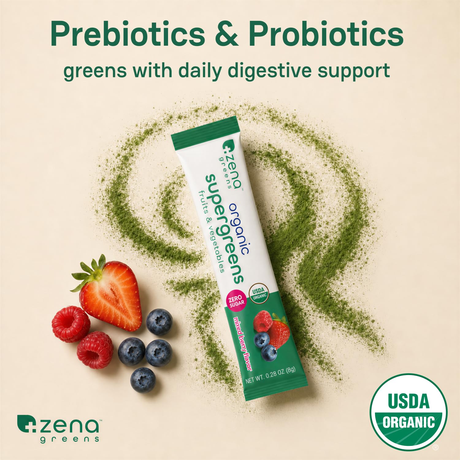 Zena Organic Super Greens Powder, 70+ Superfoods Drink Mix, 0 Sugar, 3G Fiber, Fruits, Veggies, Spirulina, Chlorella, Antioxidants, Pre & Probiotics, Digestive Enzymes, Mixed Berry Flavor, 45 Servings — Amazon image 5