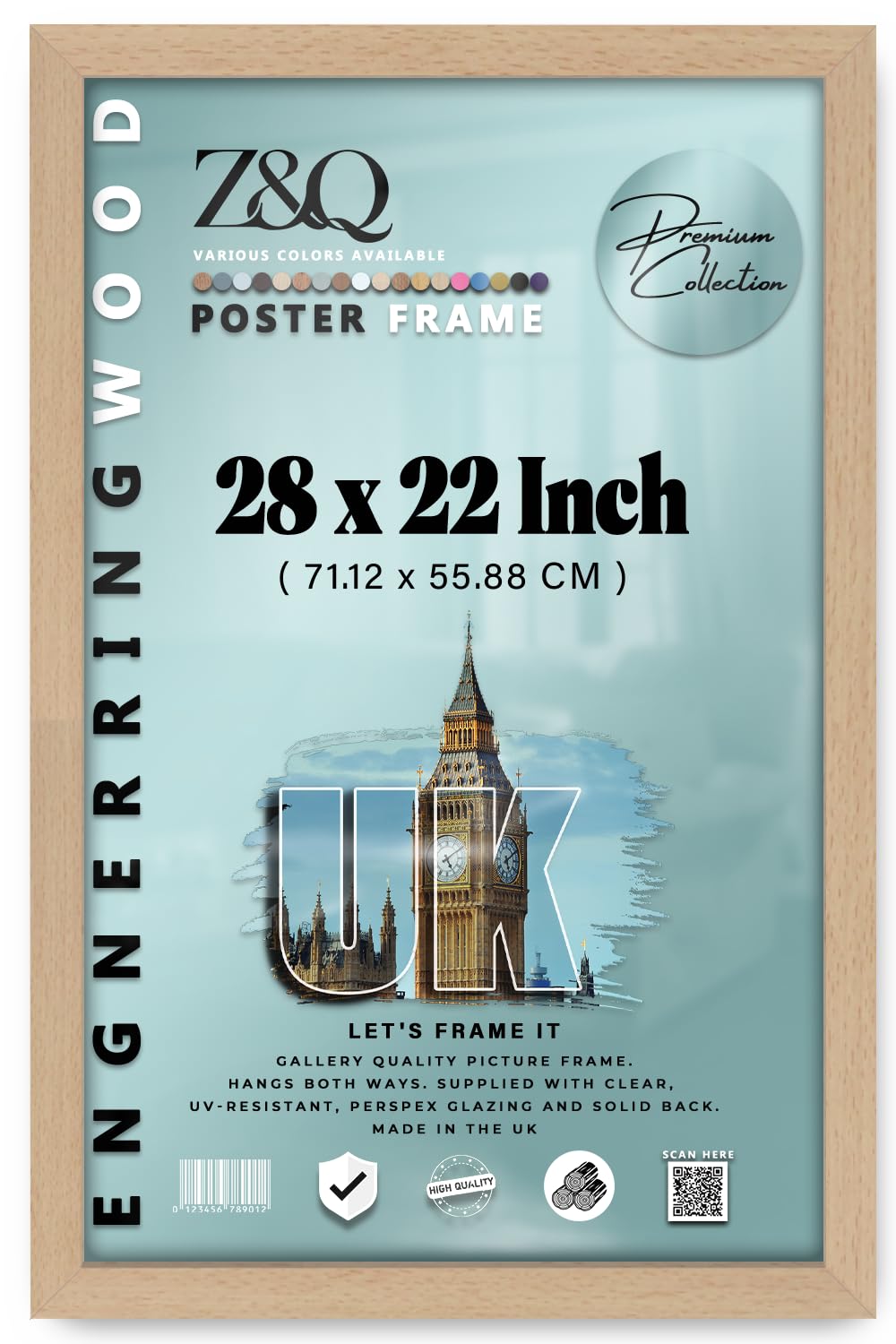 Z&Q - Quality MDF Wood Finish 28 x 22 Inch Poster/Picture Frame | for Wall Art (71.12 x 55.88 CM) Perfect for Art Gallery, Home Décor [ Beech ]
