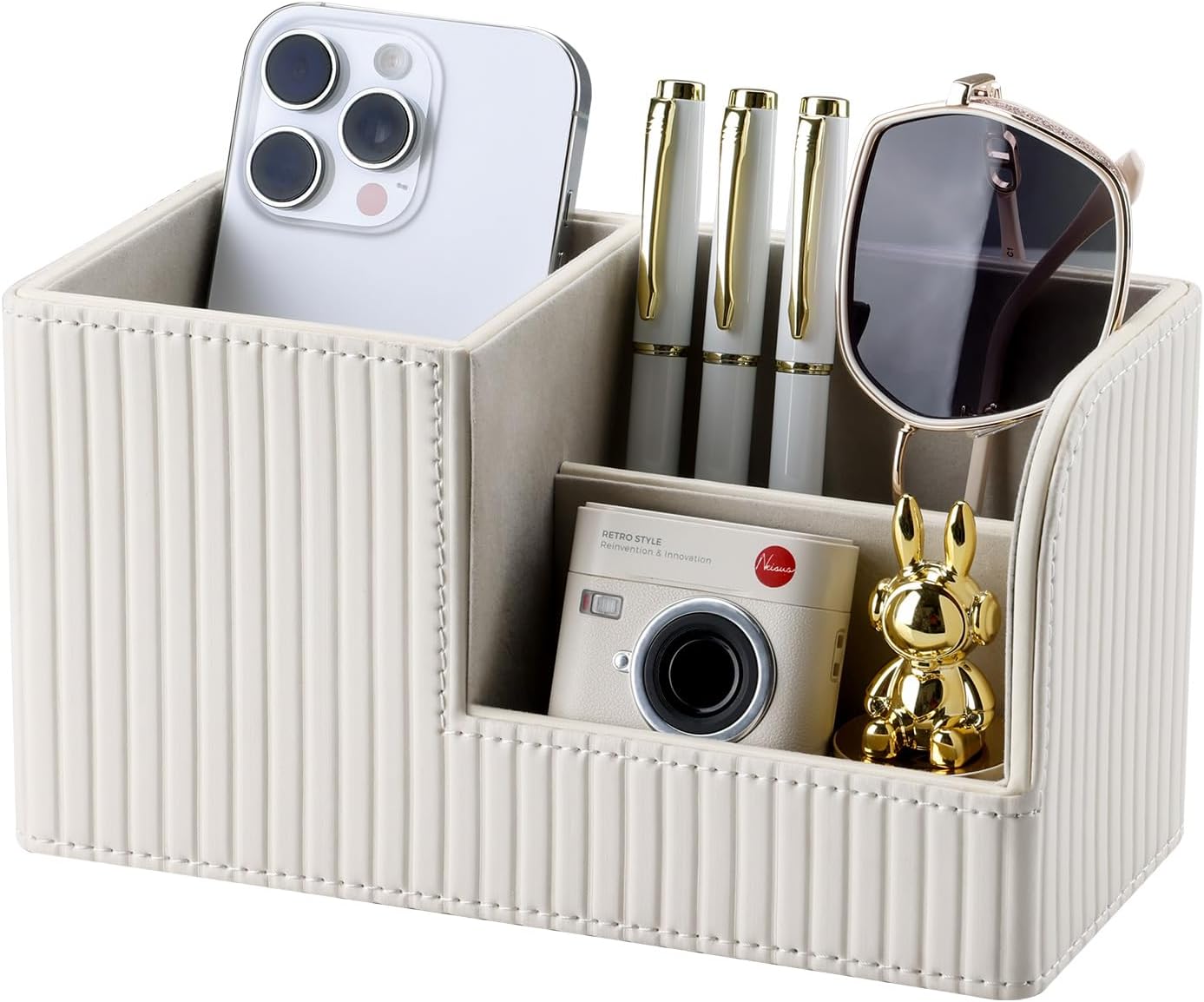 KINGFOM Desk Pen Organizer Office Supplies Caddy Pu Leather Multi-function Storage Box Pen/Pencil,Cell phone, Business Name Cards Remote Control Holder (Ivory White)